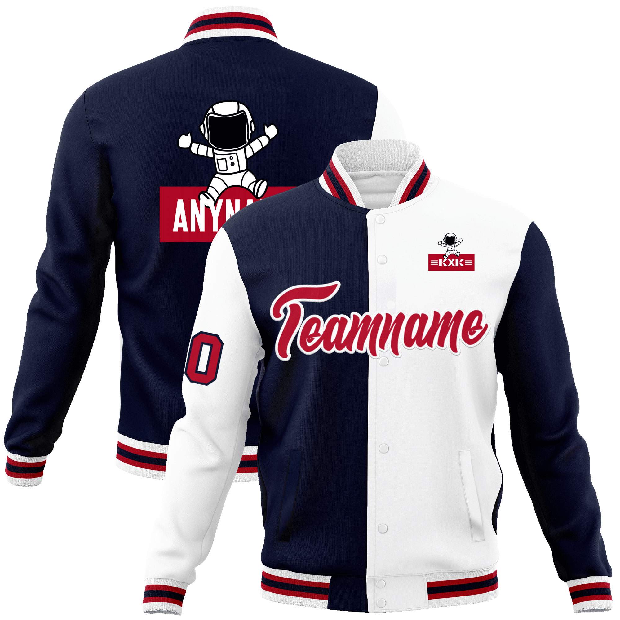 Custom Navy White Two Tone Split Fashion Varsity Letterman Jacket with Raglan Sleeves