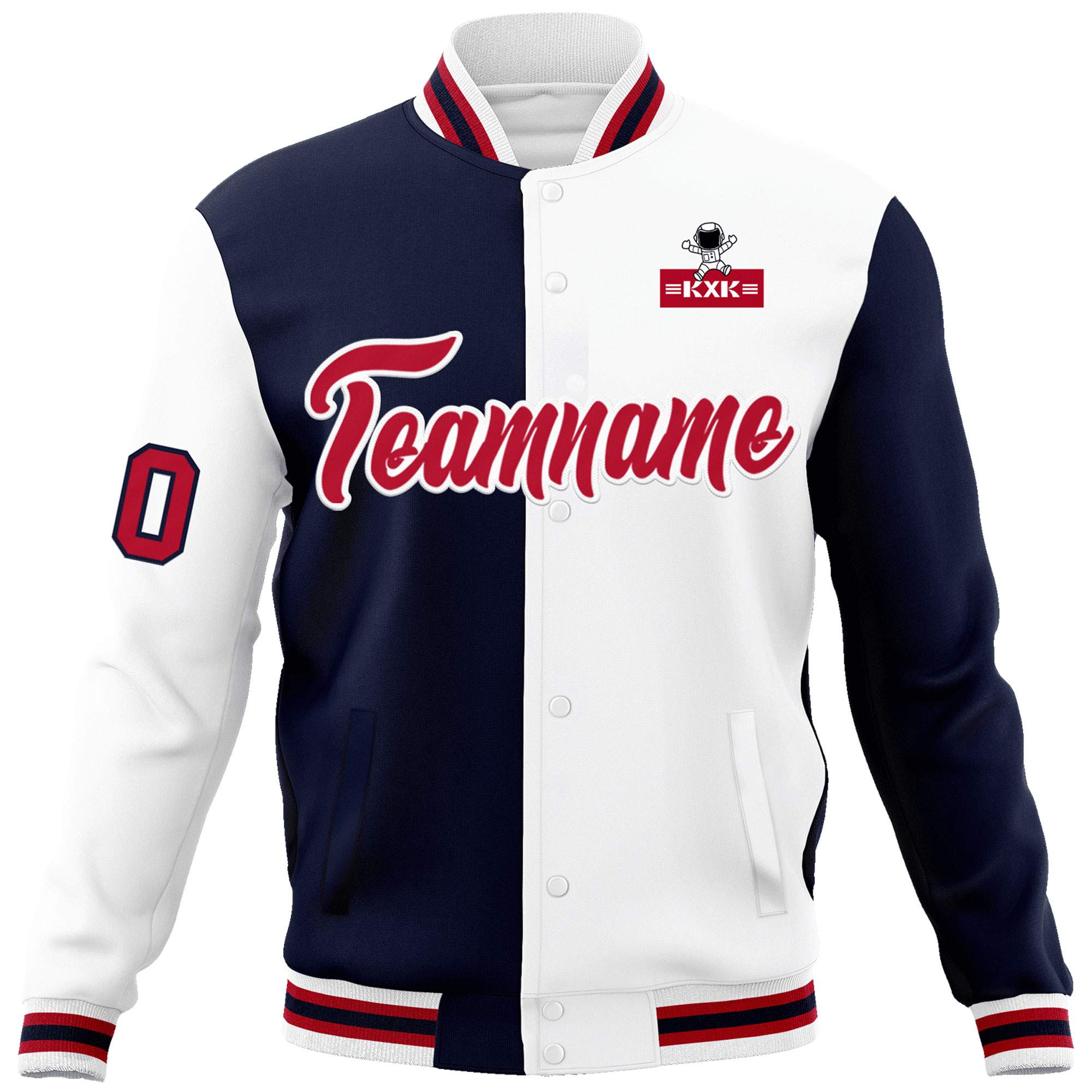 Custom Navy White Two Tone Split Fashion Varsity Letterman Jacket with Raglan Sleeves