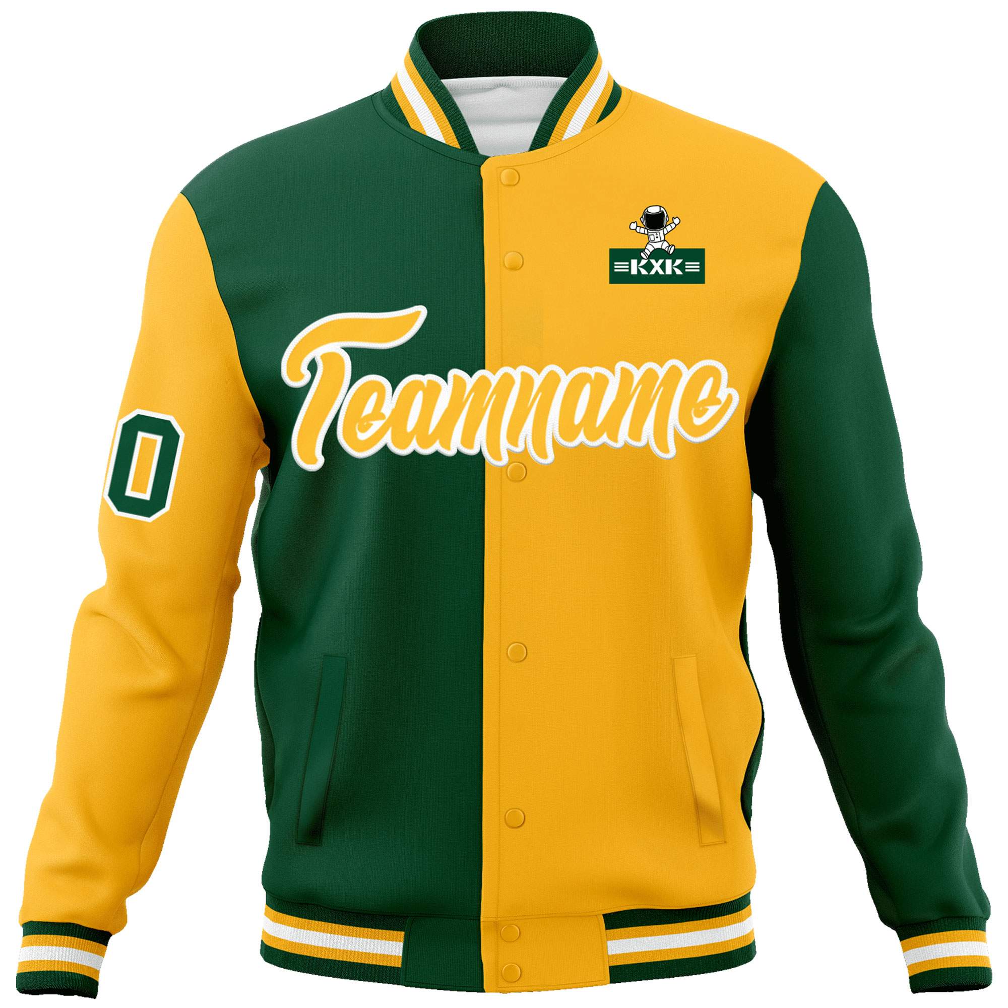 Custom Green Gold Two Tone Split Fashion Varsity Letterman Jacket with Raglan Sleeves