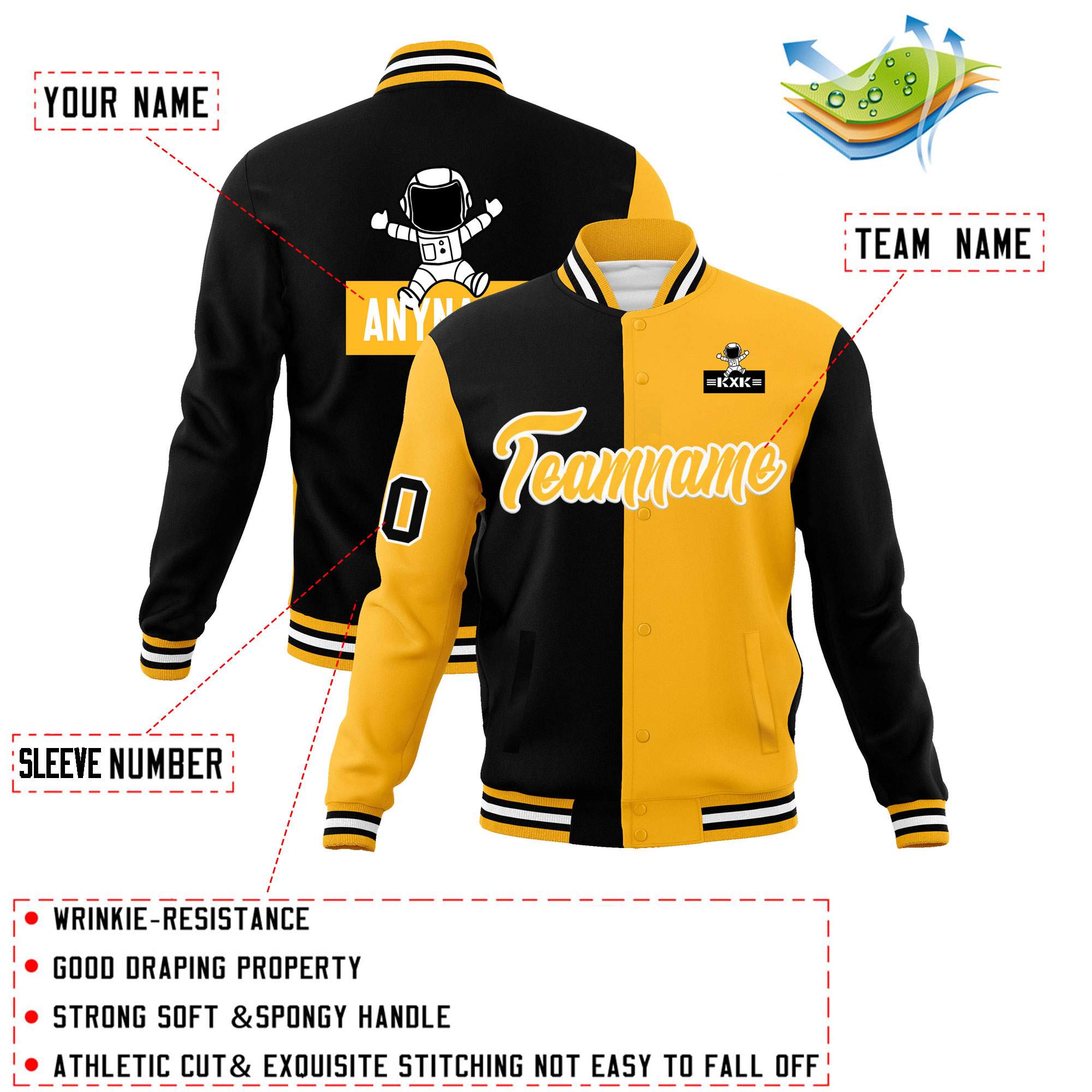 Custom Black Gold Two Tone Split Fashion Varsity Letterman Jacket with Raglan Sleeves