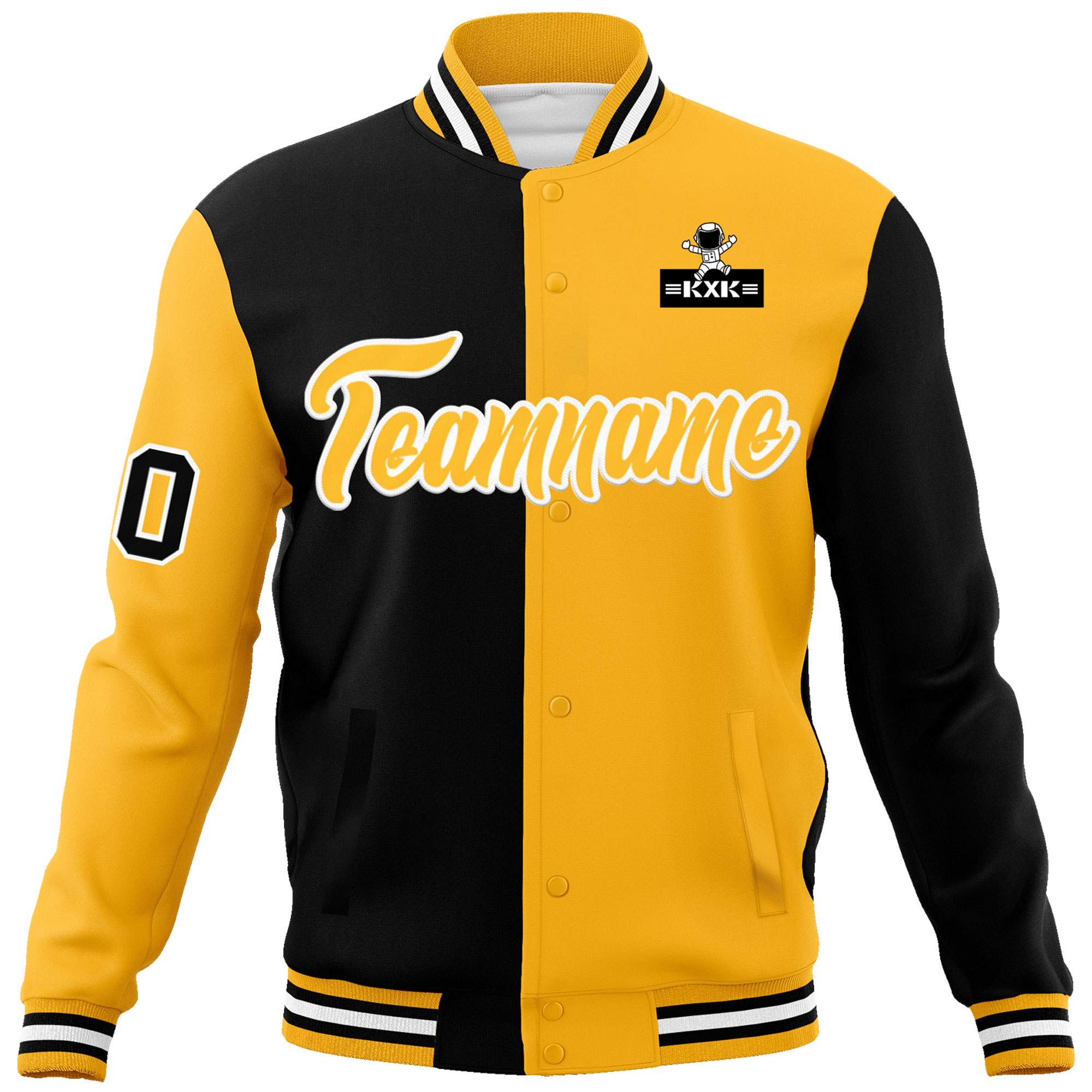 Custom Black Gold Two Tone Split Fashion Varsity Letterman Jacket with Raglan Sleeves