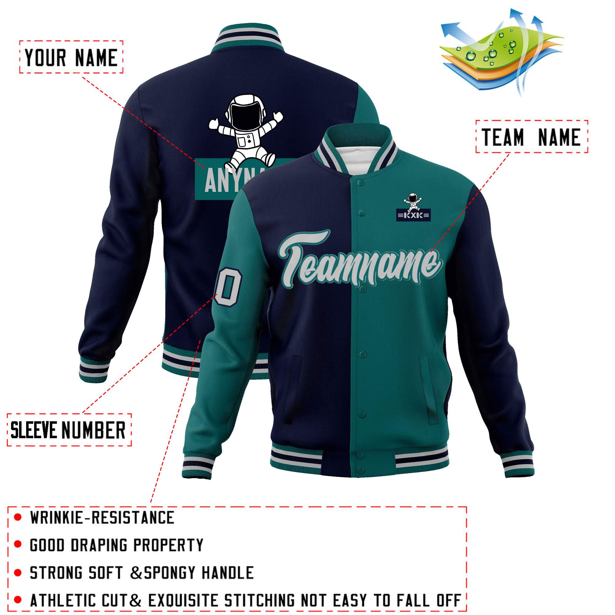 Custom Navy Aqua Two Tone Split Fashion Varsity Letterman Jacket with Raglan Sleeves