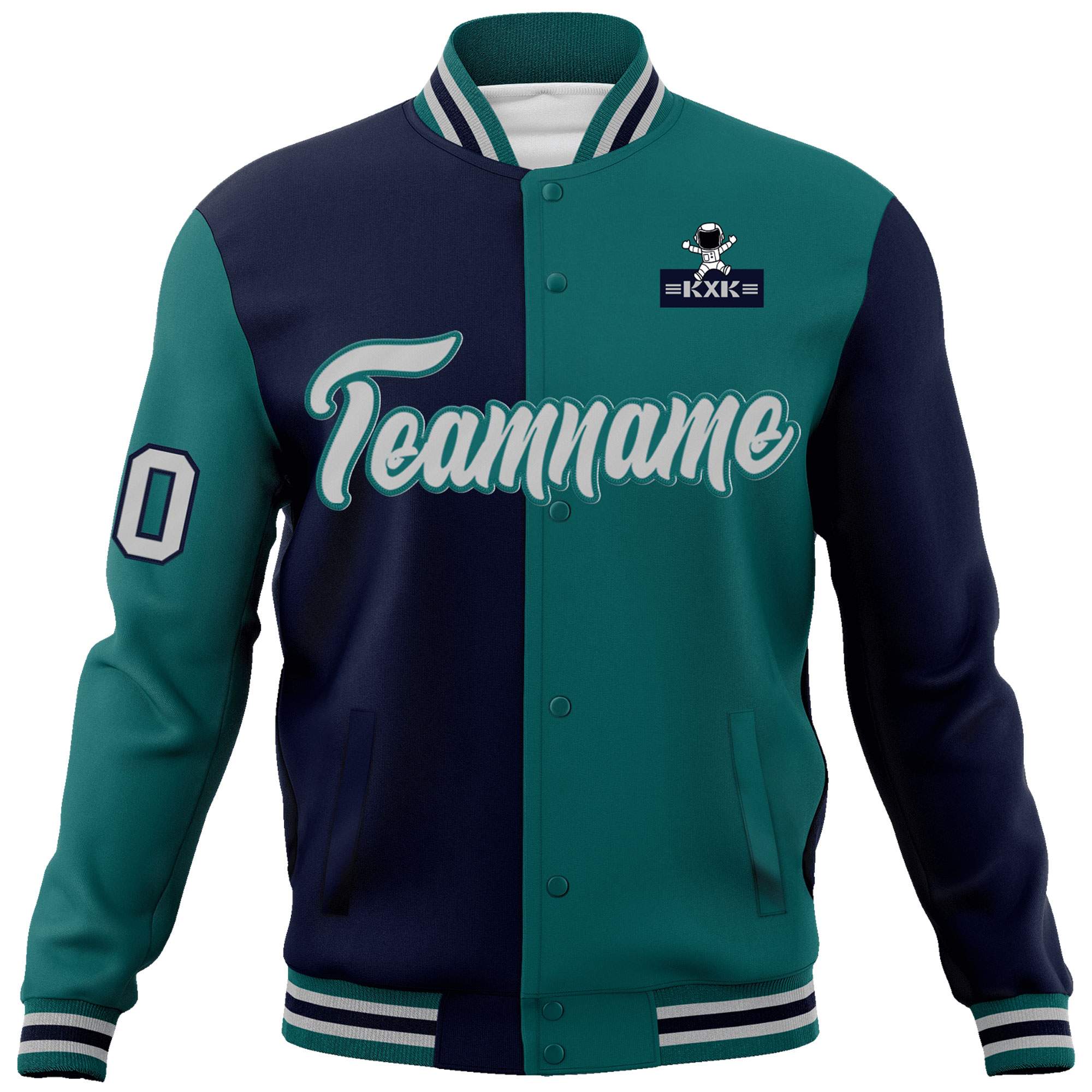 Custom Navy Aqua Two Tone Split Fashion Varsity Letterman Jacket with Raglan Sleeves