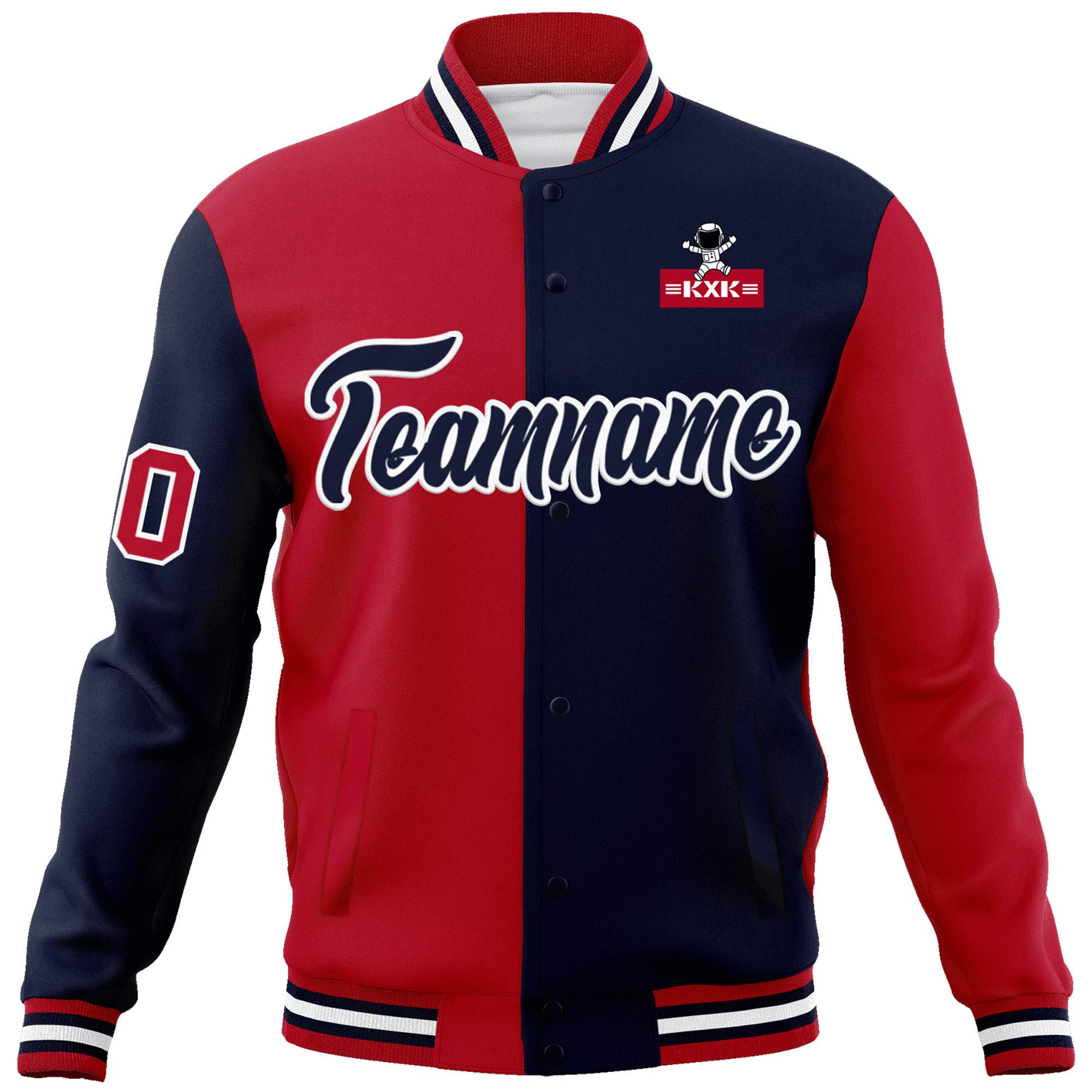 Custom Red Navy Two Tone Split Fashion Varsity Letterman Jacket with Raglan Sleeves