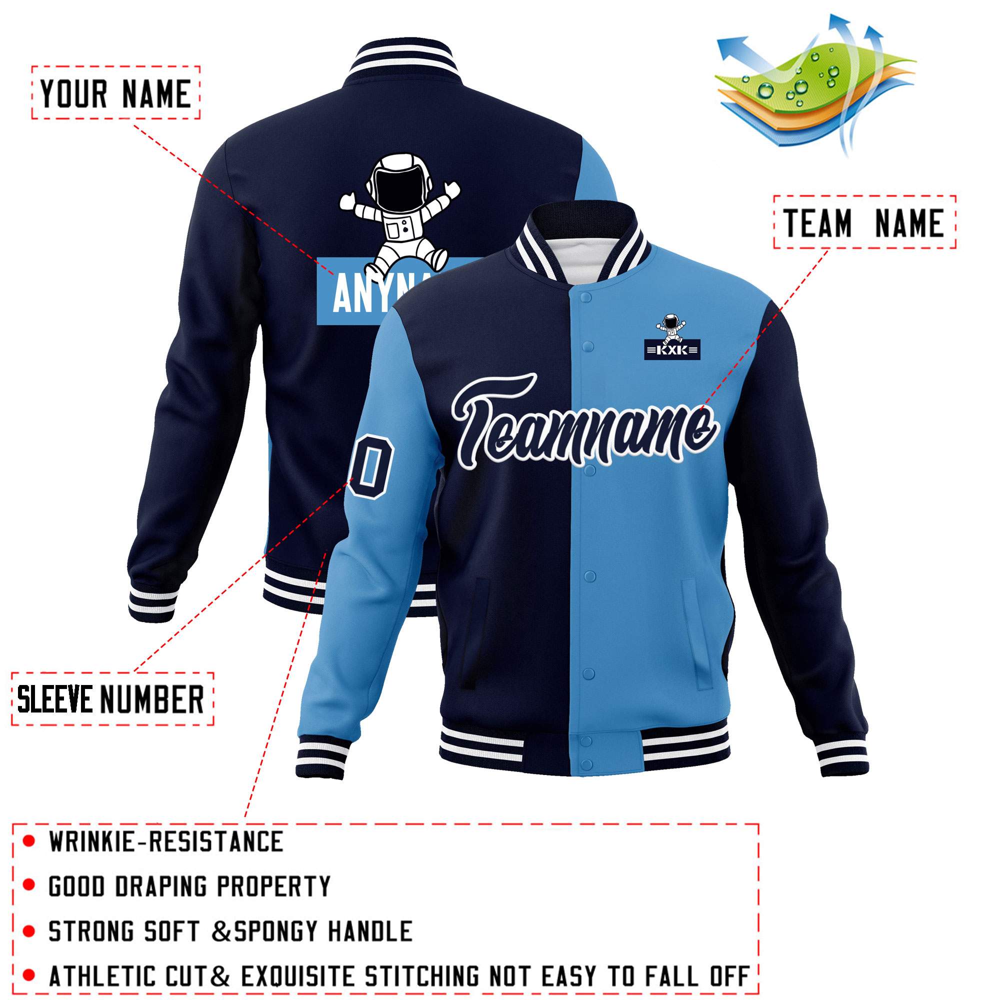 Custom Navy Light Blue Two Tone Split Fashion Varsity Letterman Jacket with Raglan Sleeves