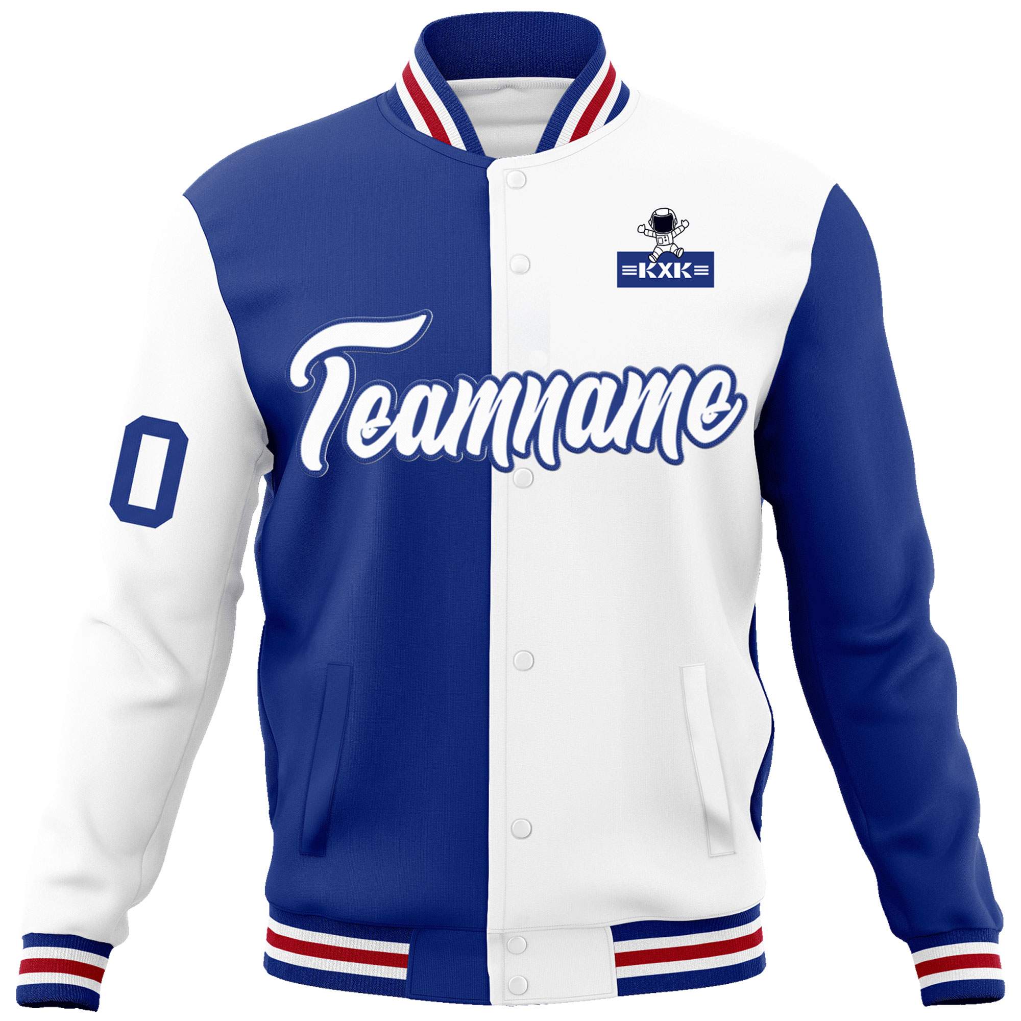 Custom Royal White Two Tone Split Fashion Varsity Letterman Jacket with Raglan Sleeves