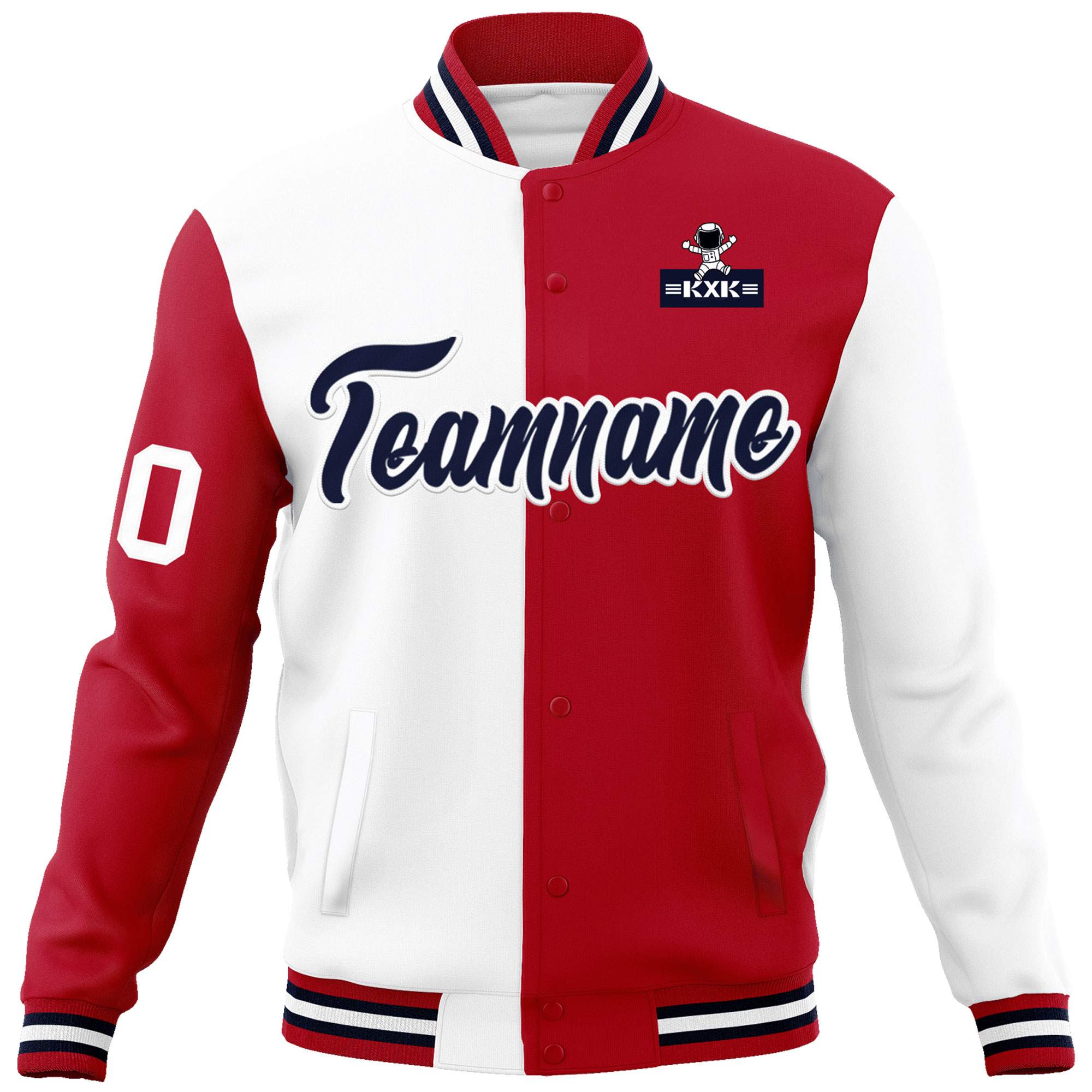 Custom White Red Two Tone Split Fashion Varsity Letterman Jacket with Raglan Sleeves