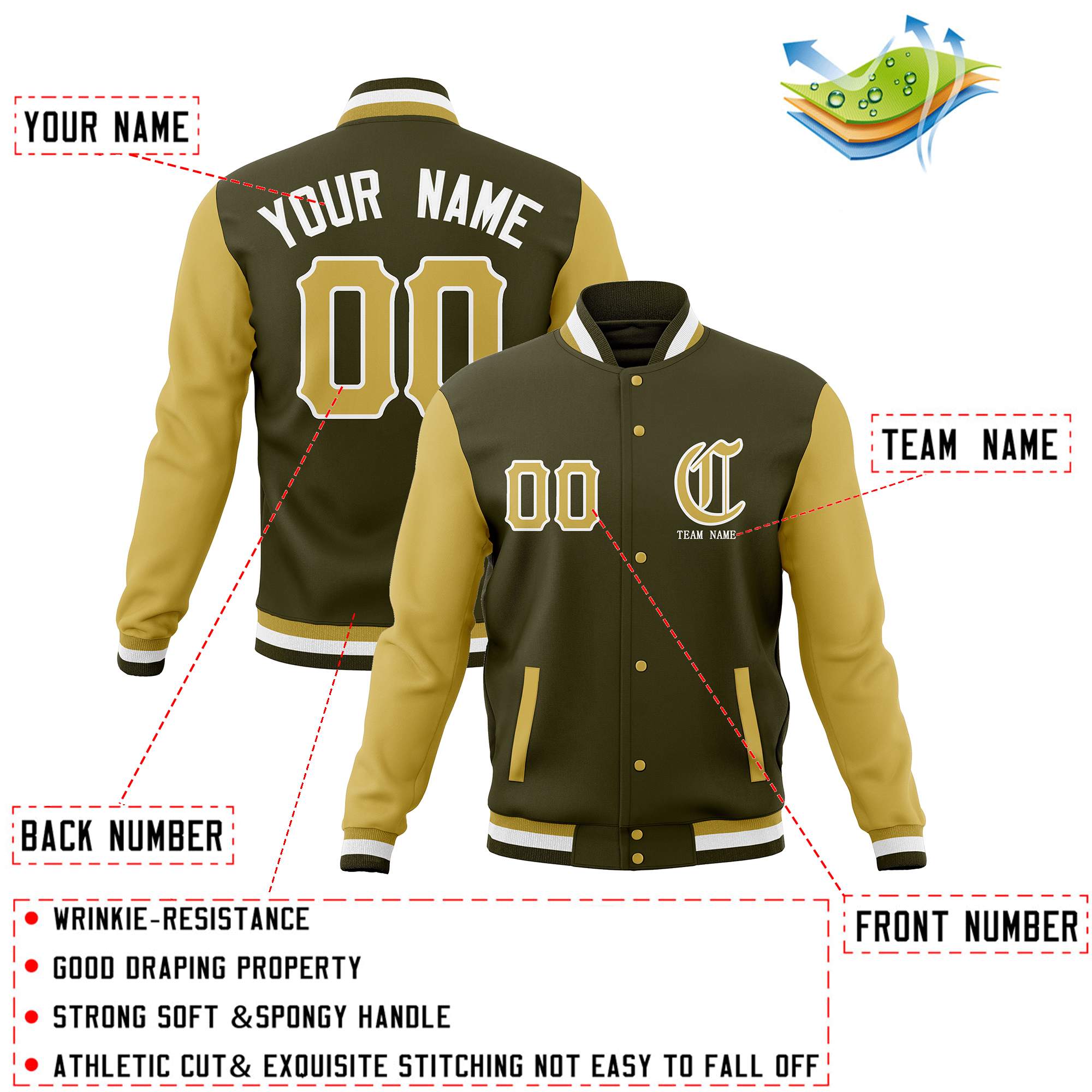 Custom Full-Snap Varsity Letterman Baseball Jackets Personalized Coats Stitched Name Number