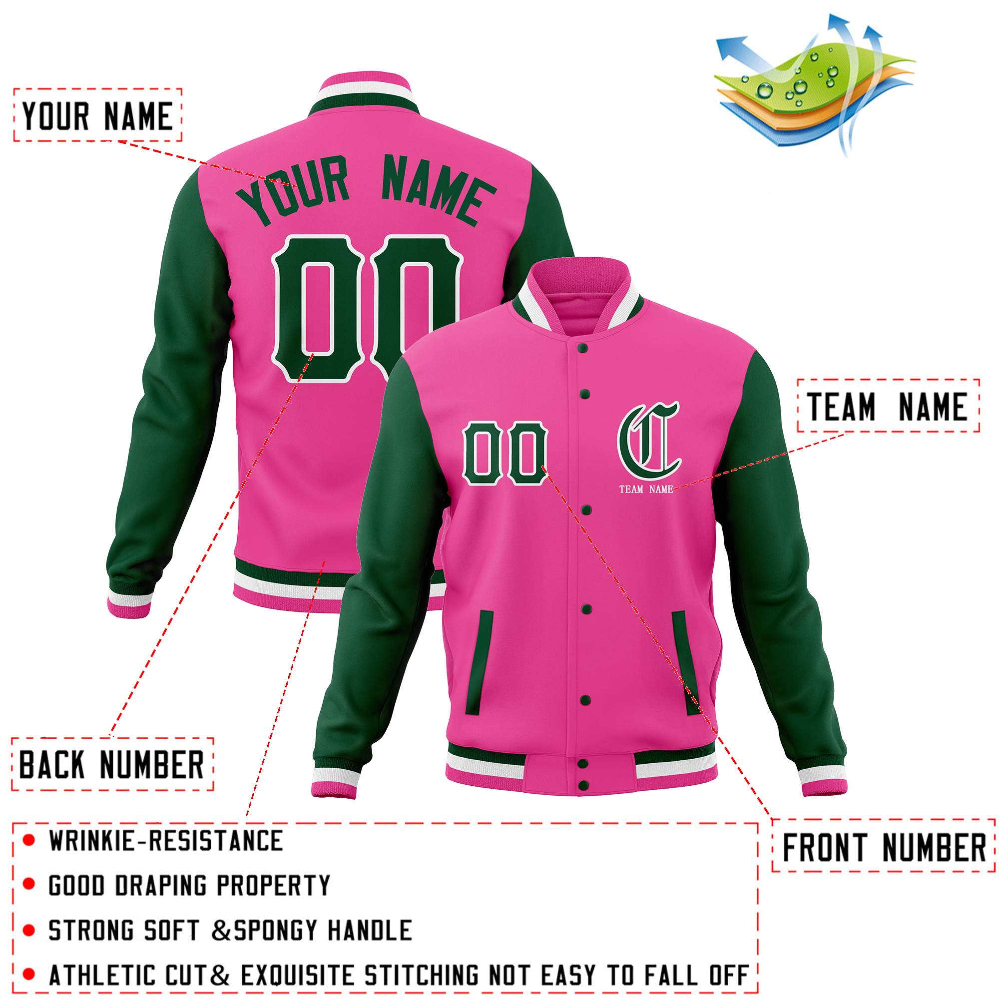 Custom Full-Snap Varsity Letterman Baseball Jackets Personalized Coats Stitched Name Number