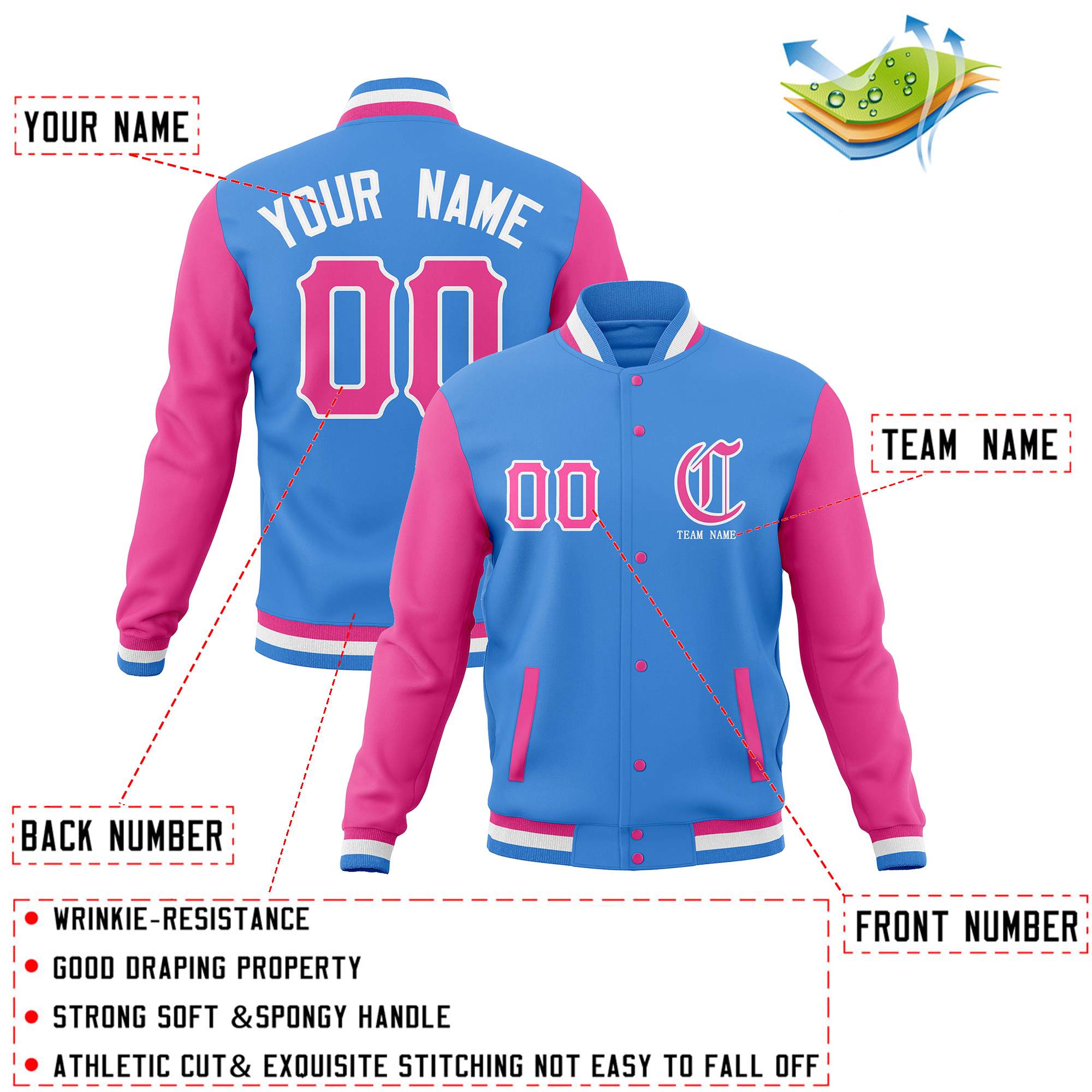 Custom Full-Snap Varsity Letterman Baseball Jackets Personalized Coats Stitched Name Number