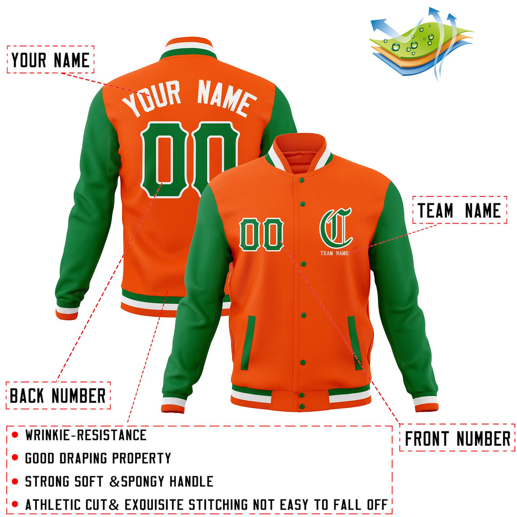 Custom Full-Snap Varsity Letterman Baseball Jackets Personalized Coats Stitched Name Number