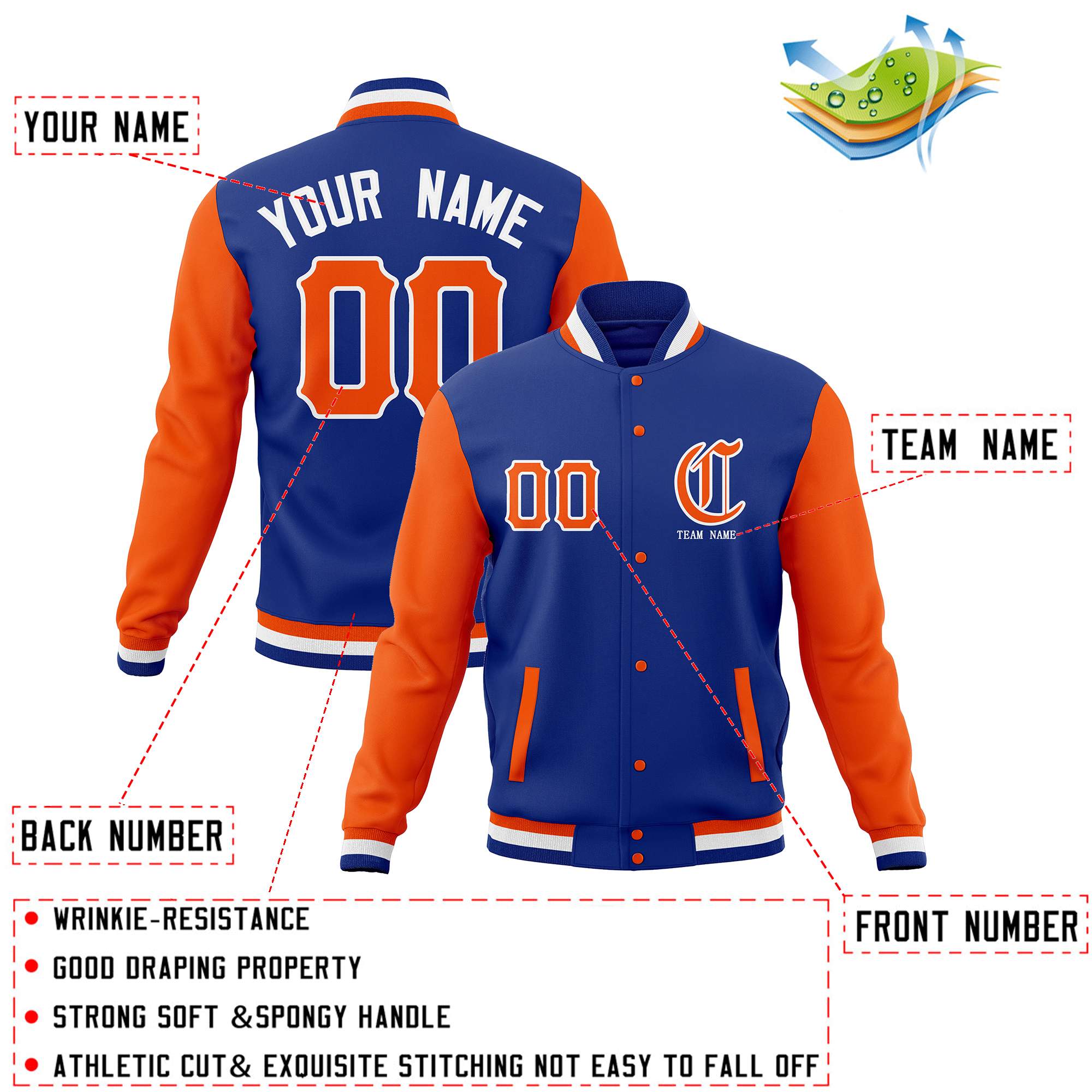 Custom Full-Snap Varsity Letterman Baseball Jackets Personalized Coats Stitched Name Number