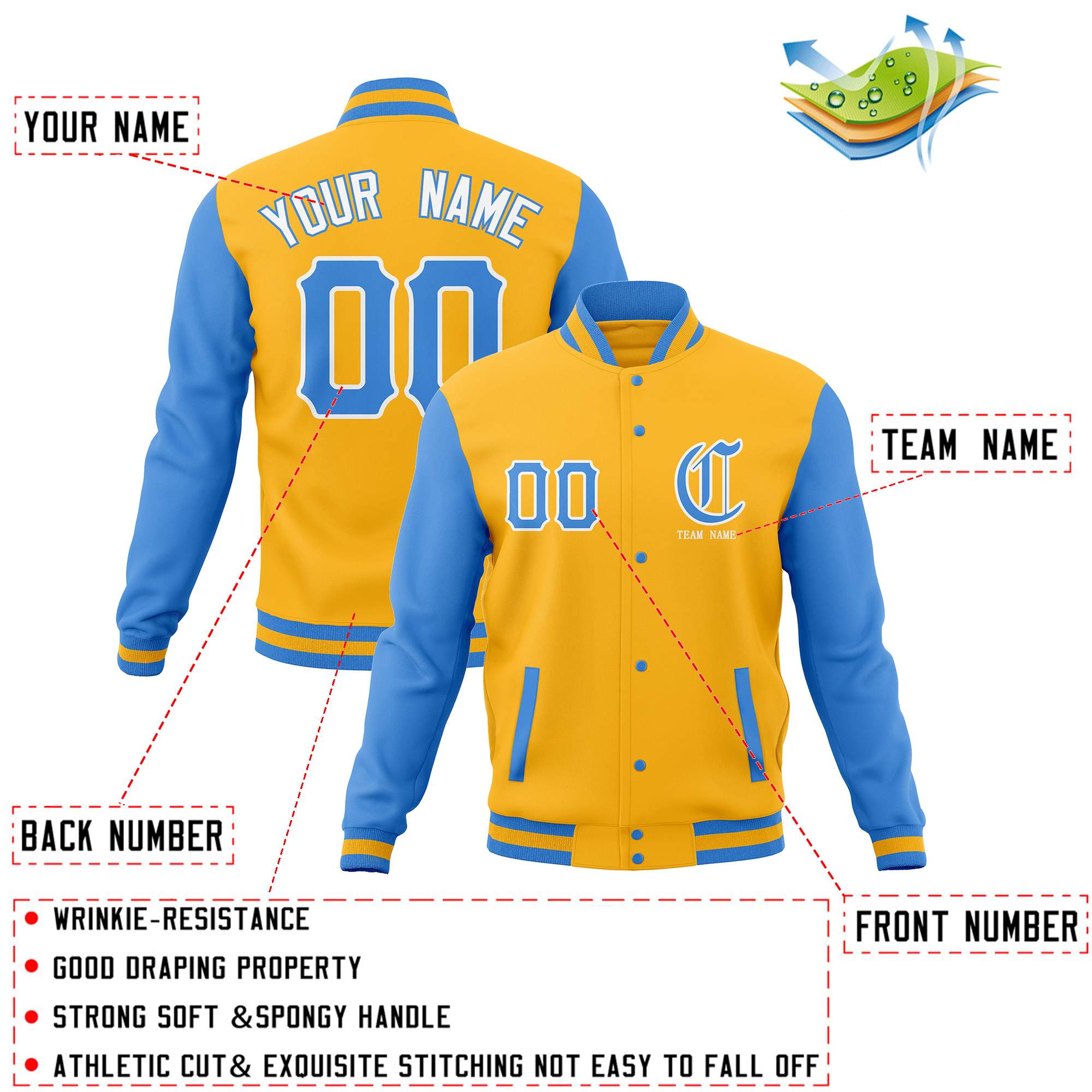 Custom Full-Snap Varsity Letterman Baseball Jackets Personalized Coats Stitched Name Number