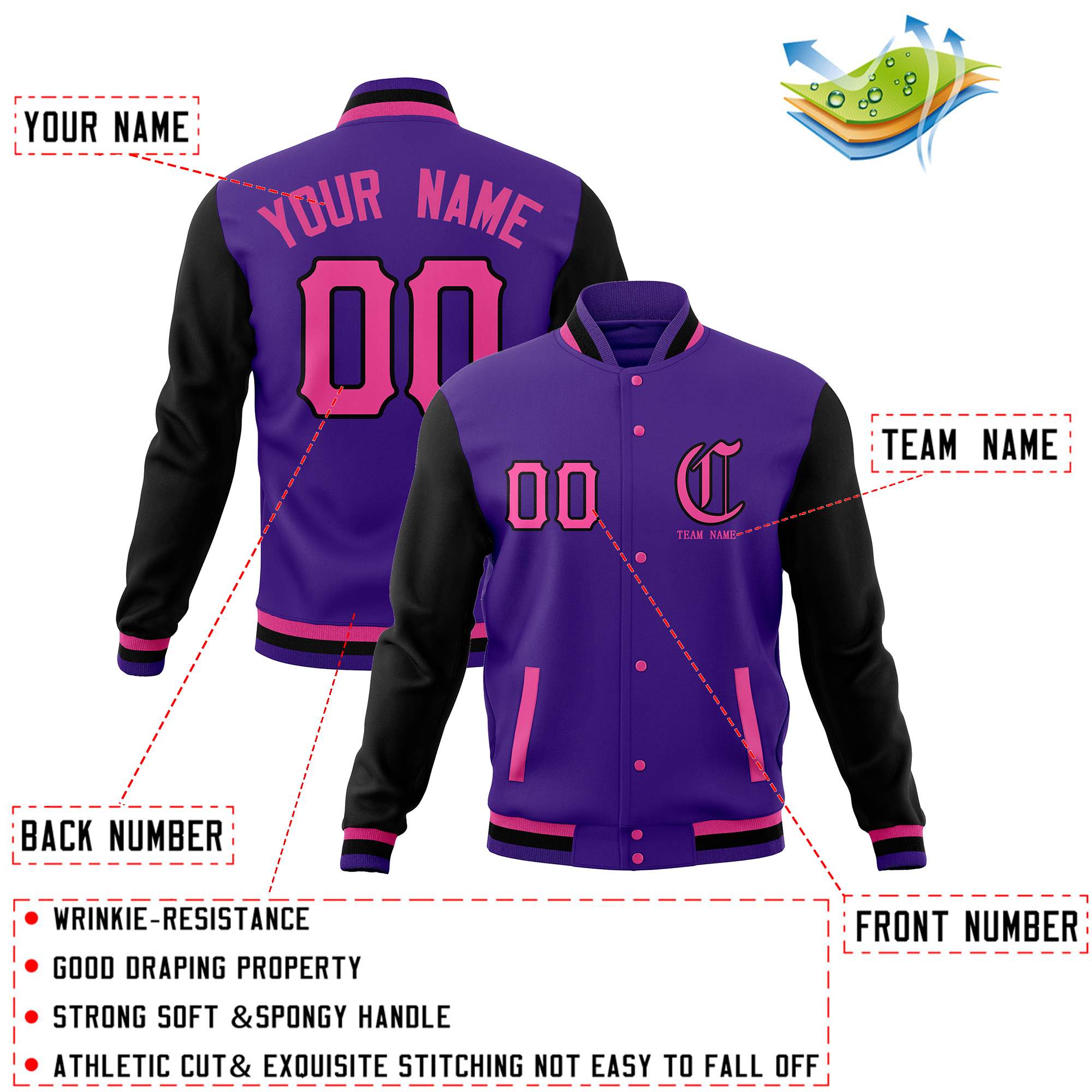 Custom Full-Snap Varsity Bomber Baseball Jackets Personalized Coats Stitched Name Number