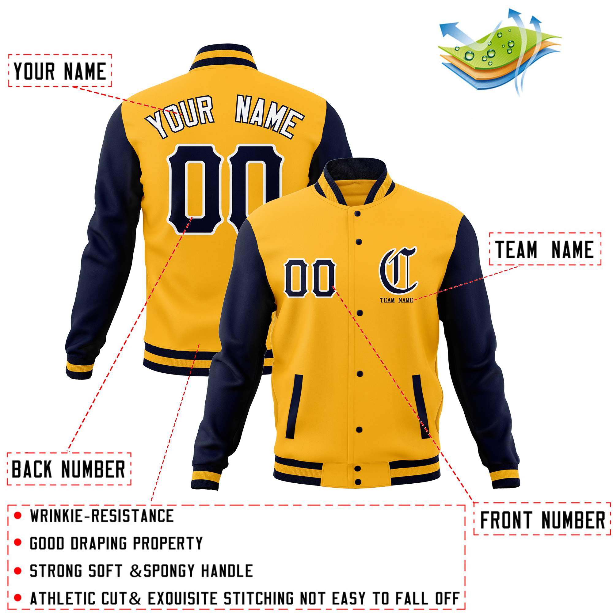 Custom Full-Snap Varsity Letterman Baseball Jackets Personalized Coats Stitched Name Number