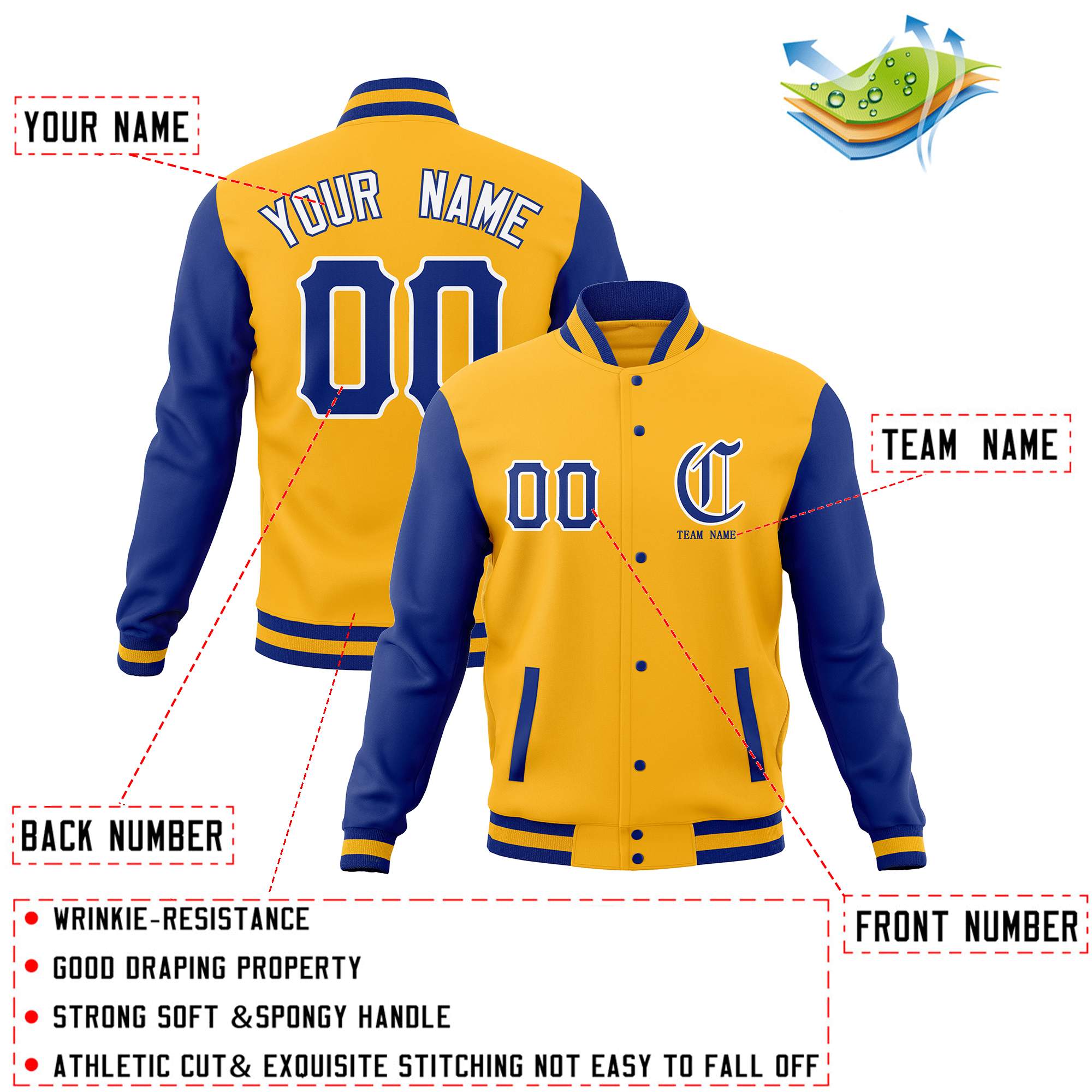 Custom Full-Snap Varsity Letterman Baseball Jackets Personalized Coats Stitched Name Number