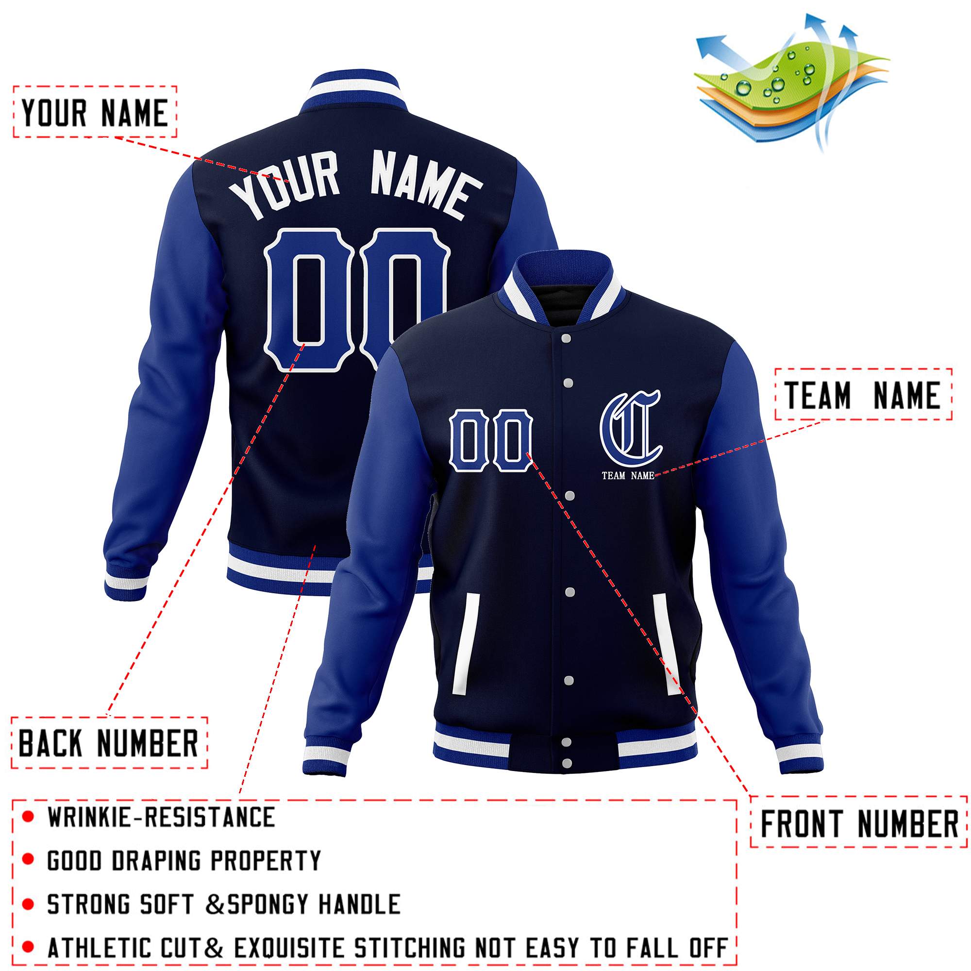 Custom Full-Snap Varsity Bomber Baseball Jackets Stitched Name Number