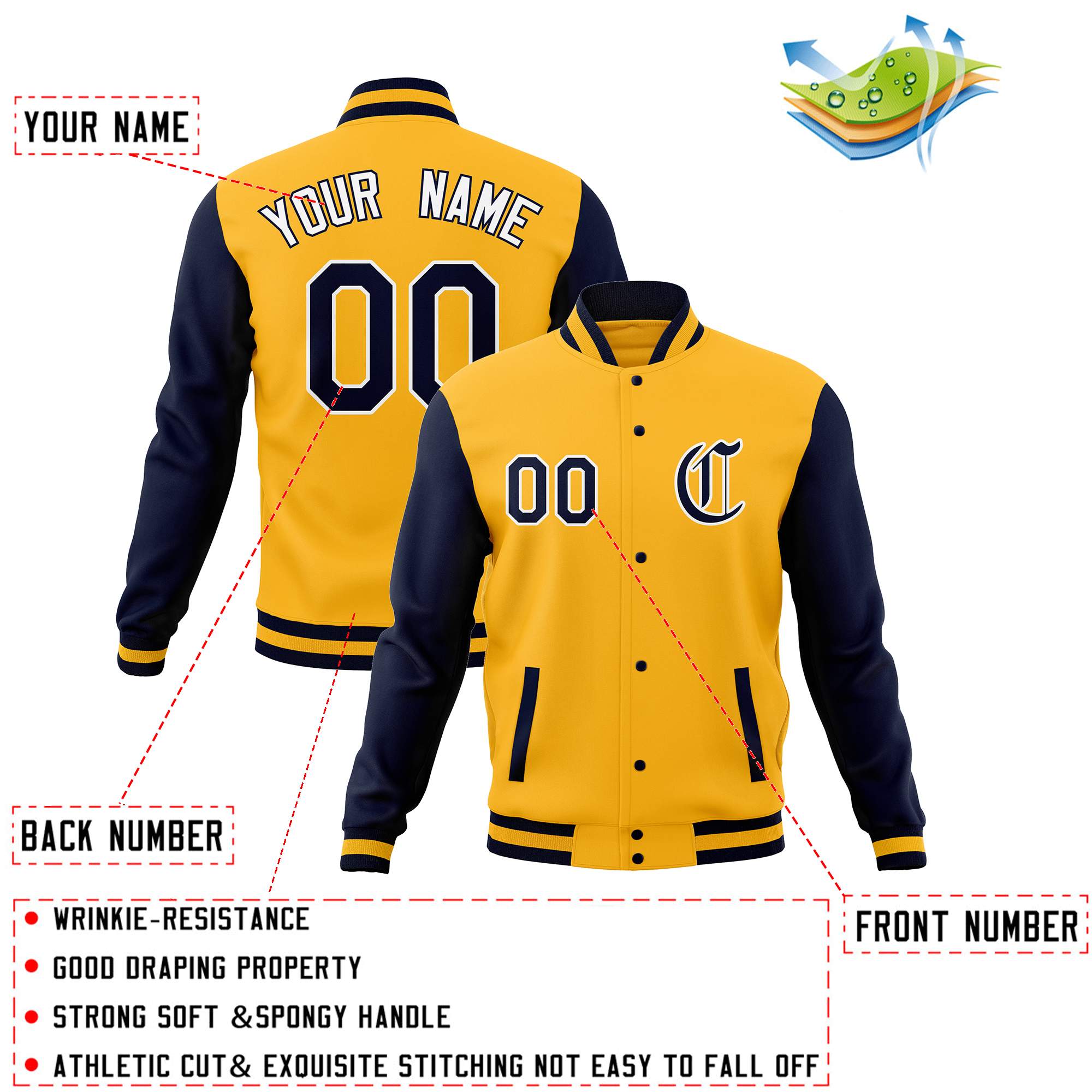 Custom Varsity Letterman Baseball Jackets Personalized Full-Snap with Raglan Sleeves