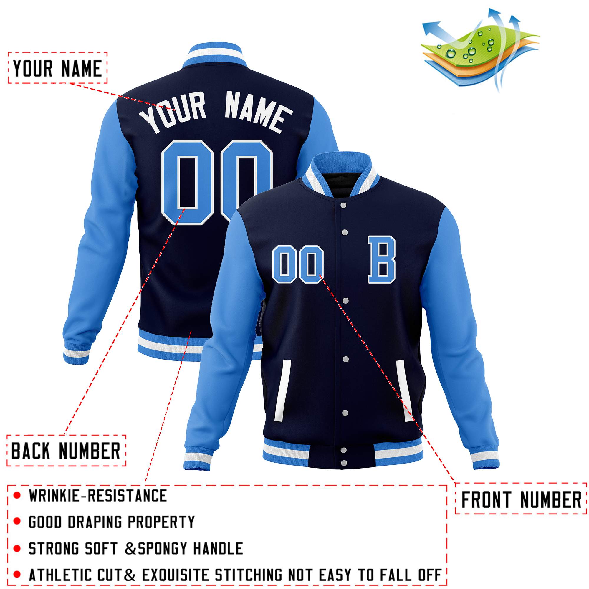 Custom Varsity Letterman Baseball Jacket Personalized Full-Snap Stitched Name Number