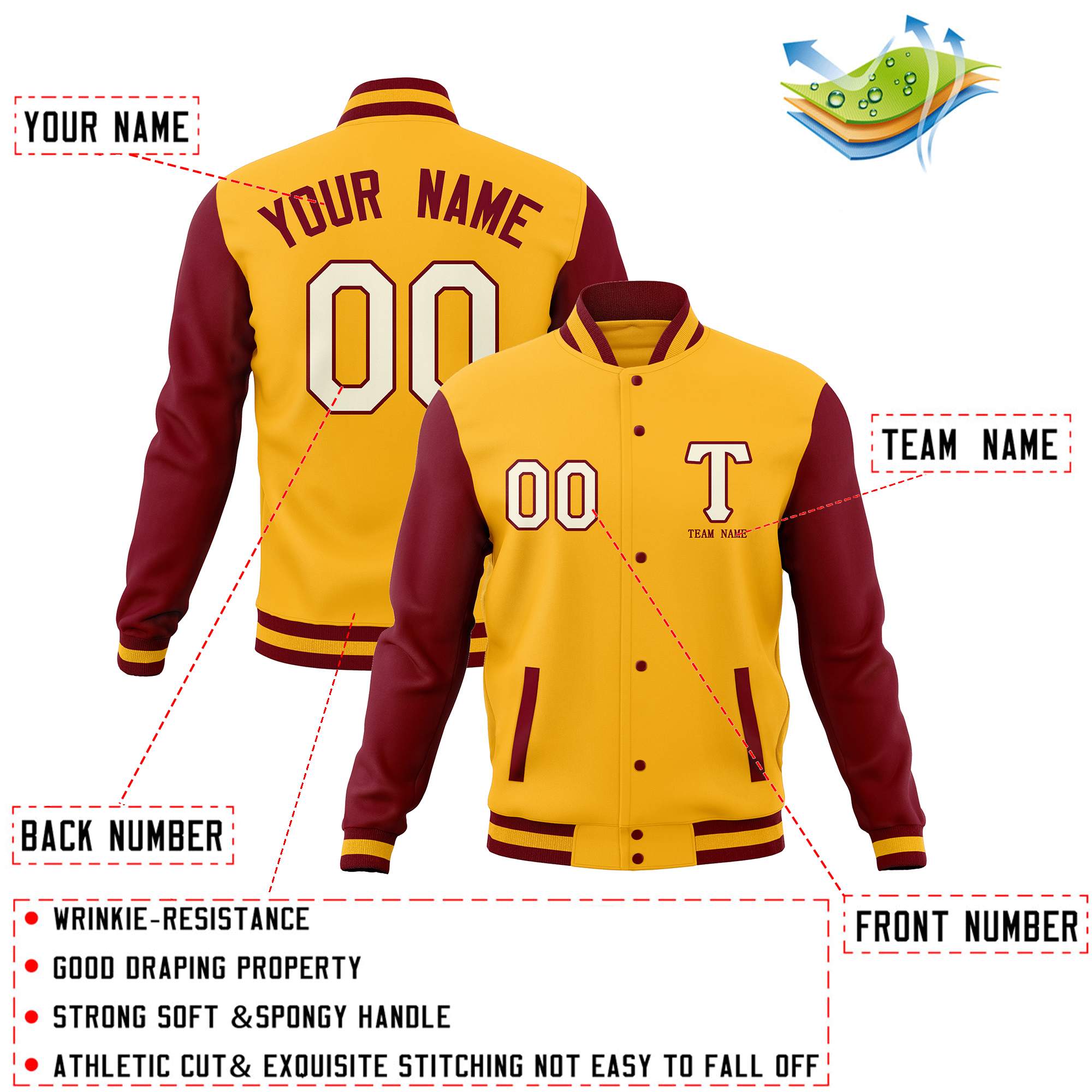 Custom Letterman Varsity Baseball Full-Snap Jacket Numéro de nom cousu