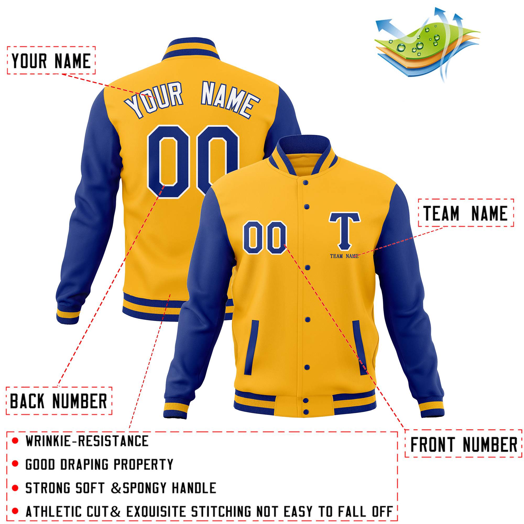 Custom Full-Snap Letterman Varsity Baseball Jacket Stitched Name Number