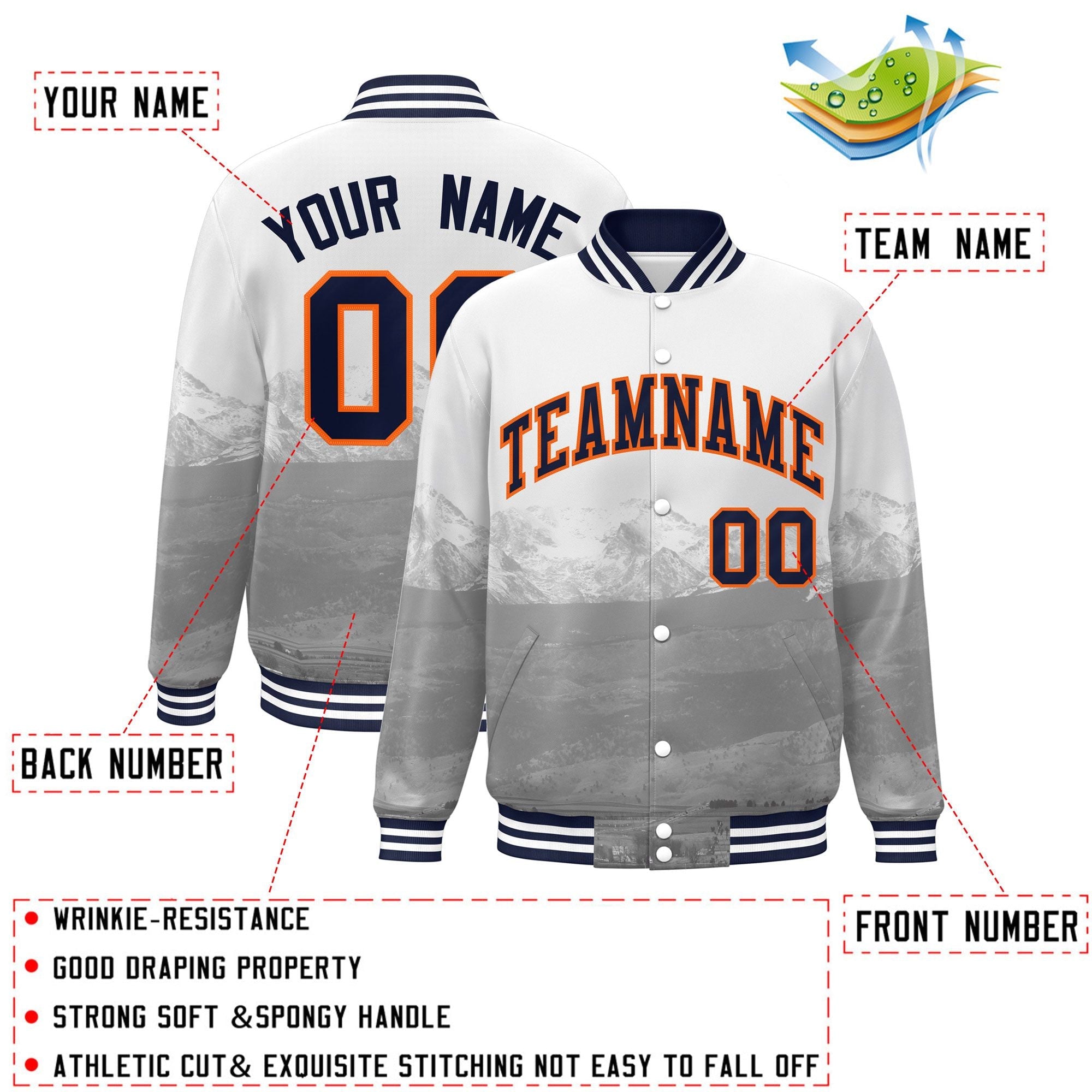 Custom White Navy-Orange Denver City Connect Track Varsity Full-Snap Jacket