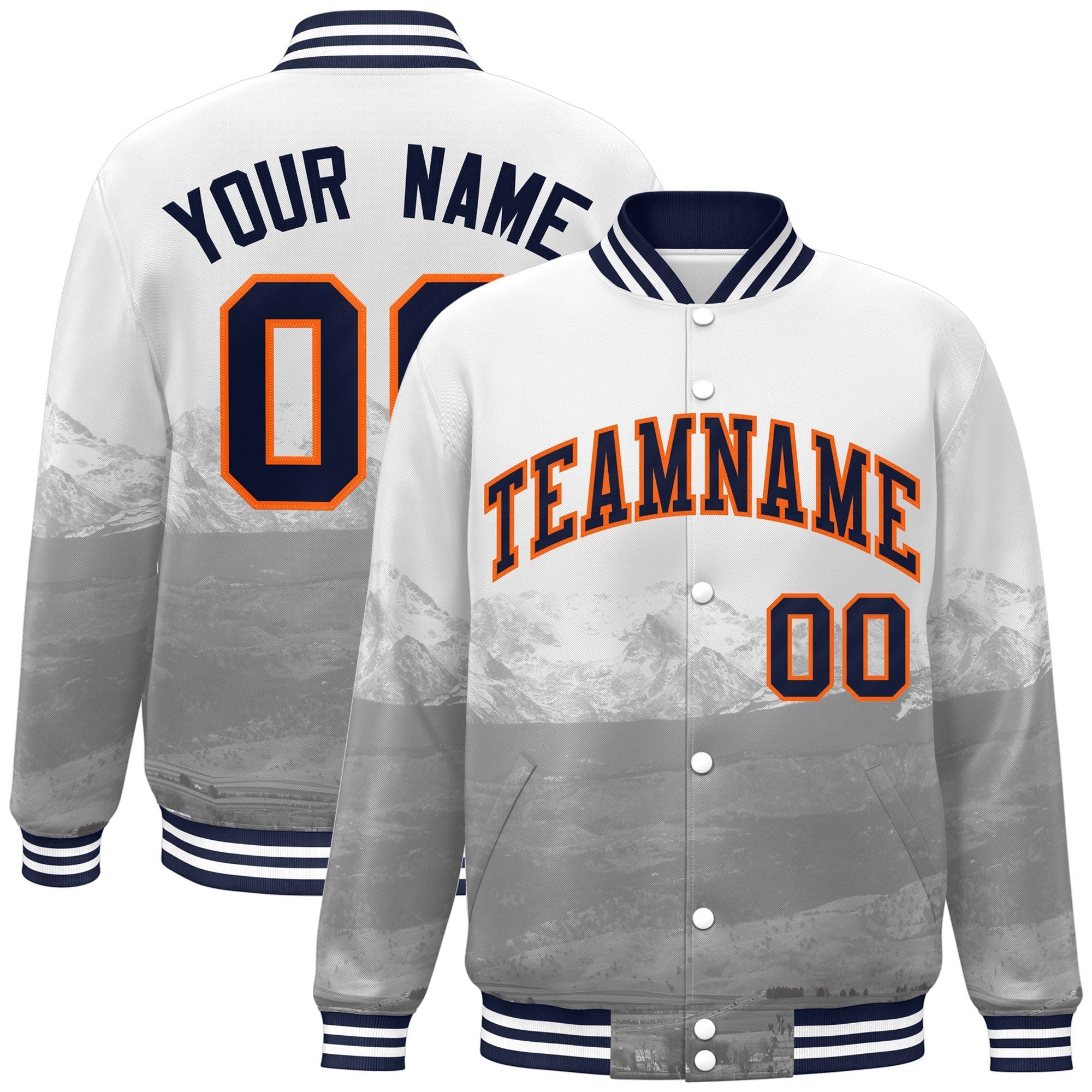 Custom White Navy-Orange Denver City Connect Track Varsity Full-Snap Jacket