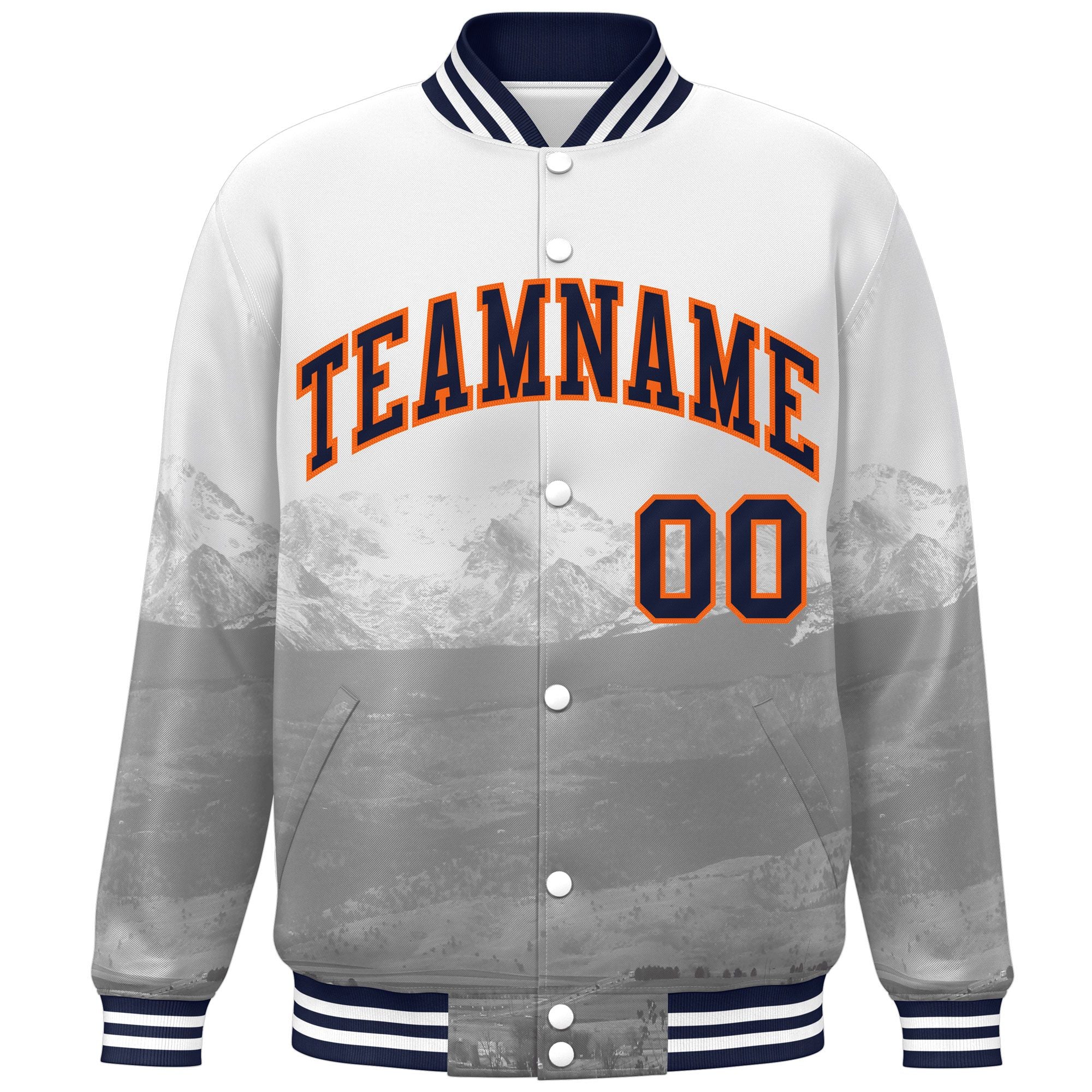 Custom White Navy-Orange Denver City Connect Track Varsity Full-Snap Jacket