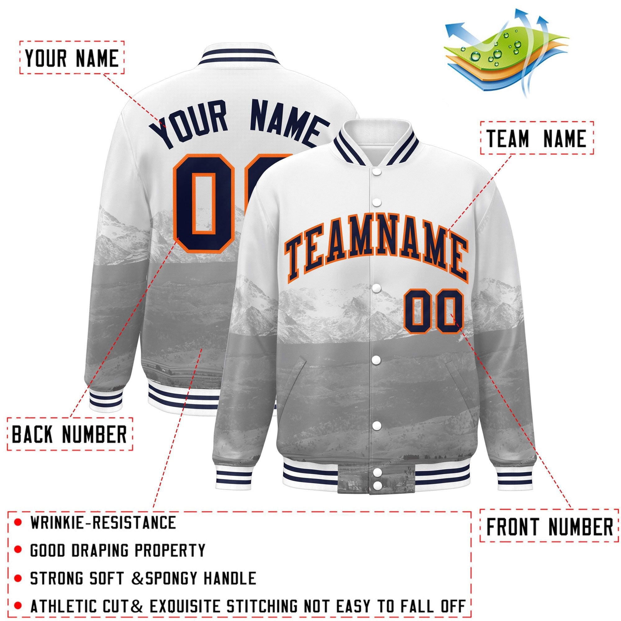 Custom White Navy-Orange Denver City Connect Track Varsity Full-Snap Jacket