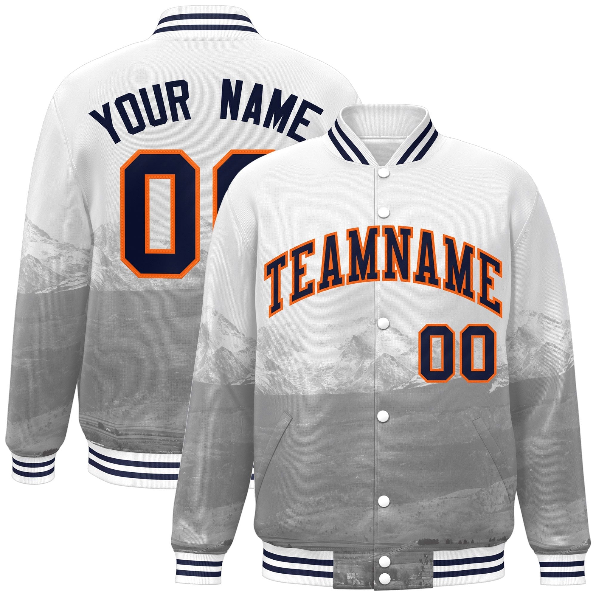 Custom White Navy-Orange Denver City Connect Track Varsity Full-Snap Jacket