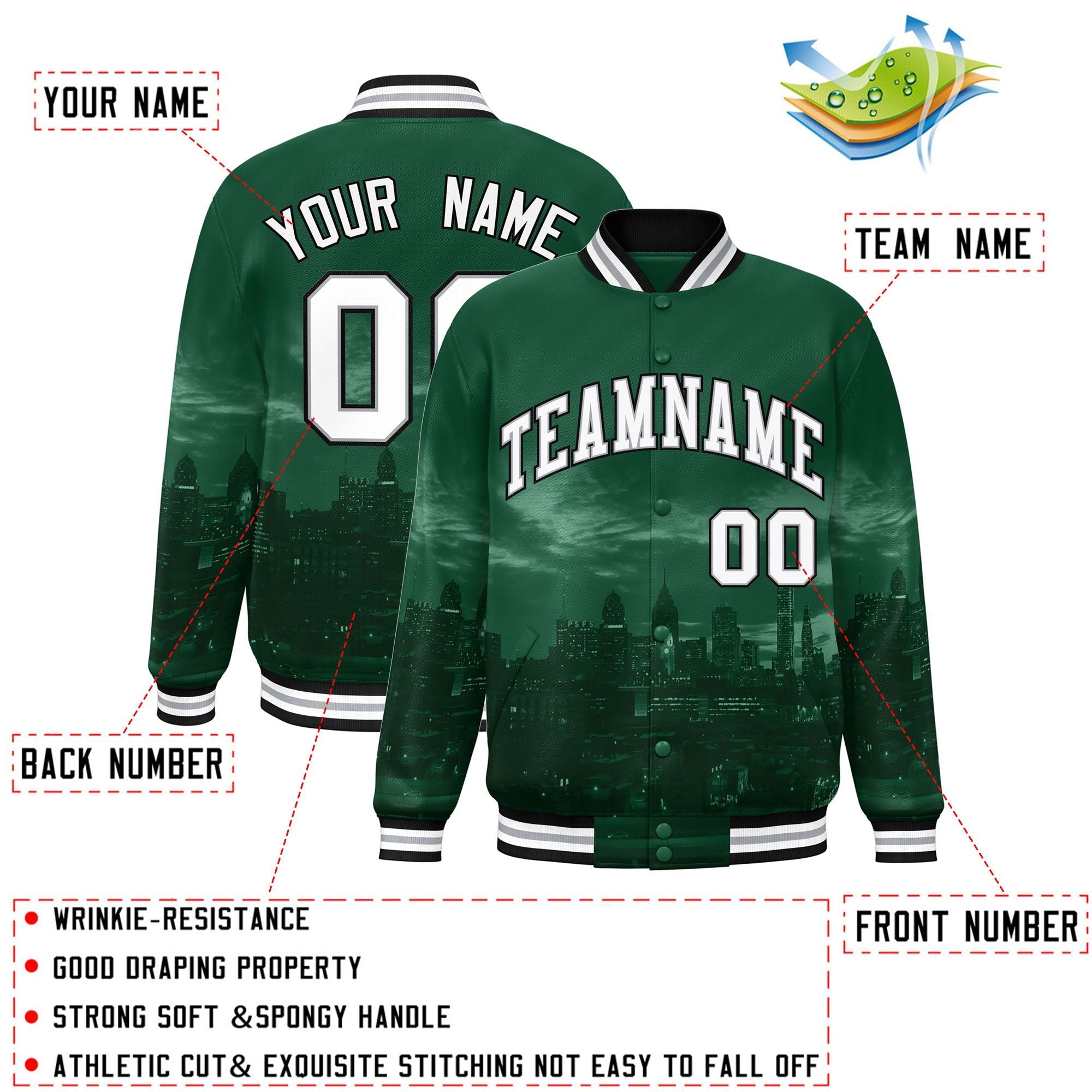 Custom Green White-Black Philadelphia City Connect Track Varsity Full-Snap Jacket