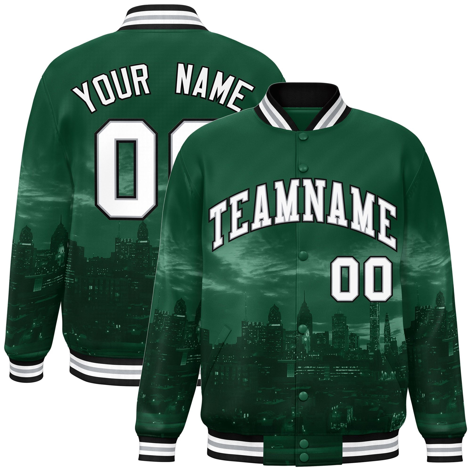 Custom Green White-Black Philadelphia City Connect Track Varsity Full-Snap Jacket