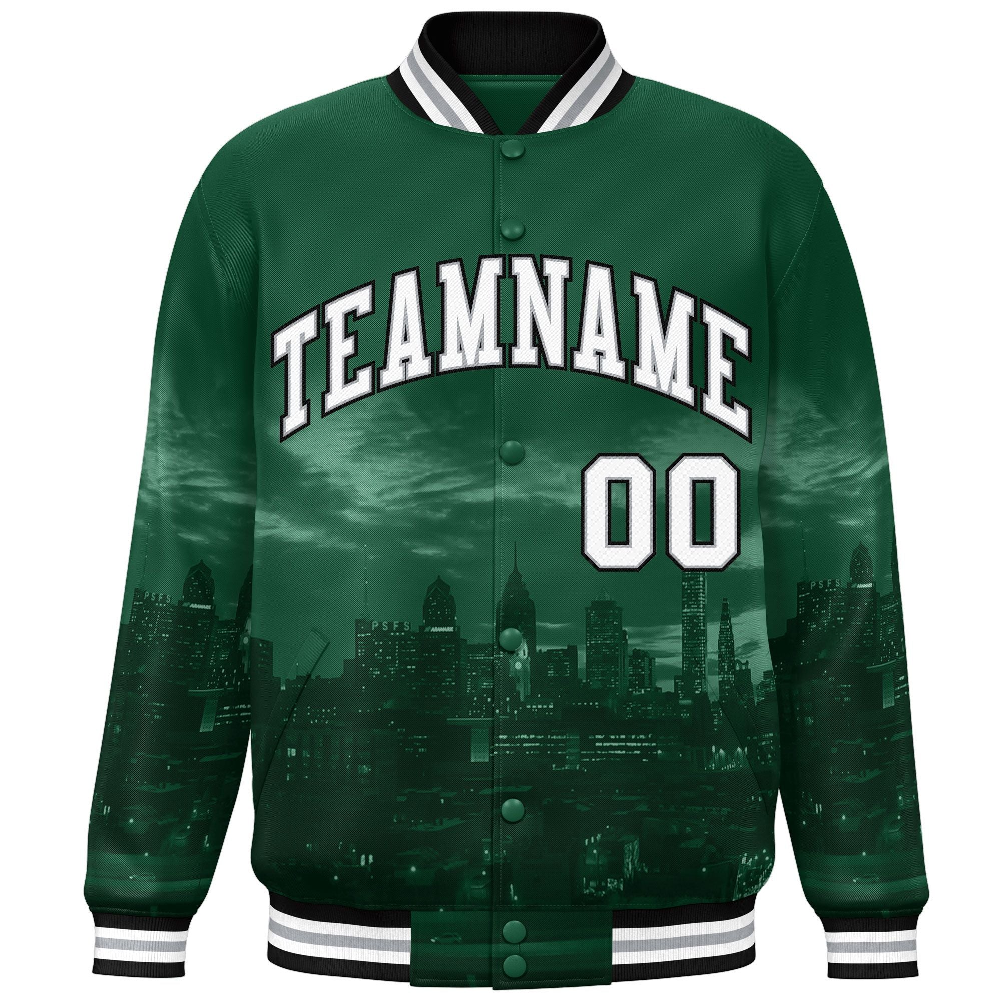 Custom Green White-Black Philadelphia City Connect Track Varsity Full-Snap Jacket