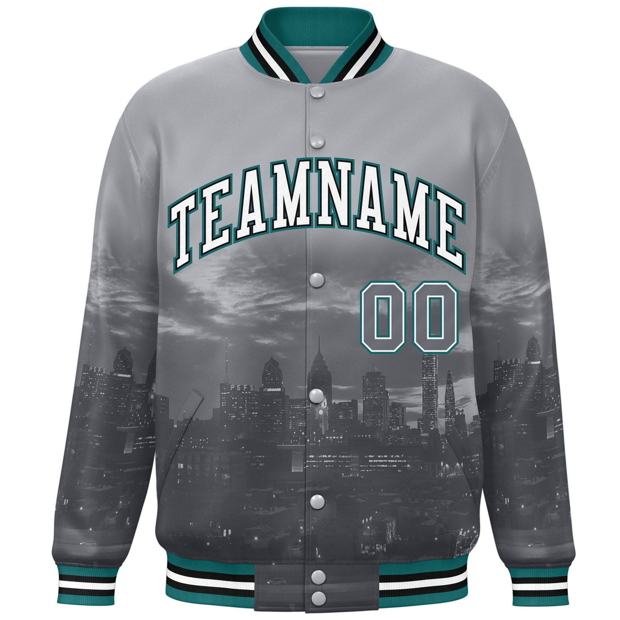 Custom Gray White-Aqua Philadelphia City Connect Track Varsity Full-Snap Jacket