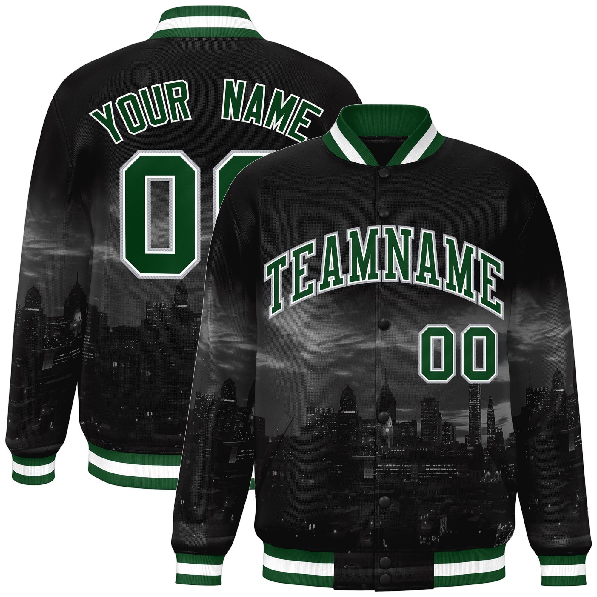 Custom Black Green-White Philadelphia City Connect Track Varsity Full-Snap Jacket