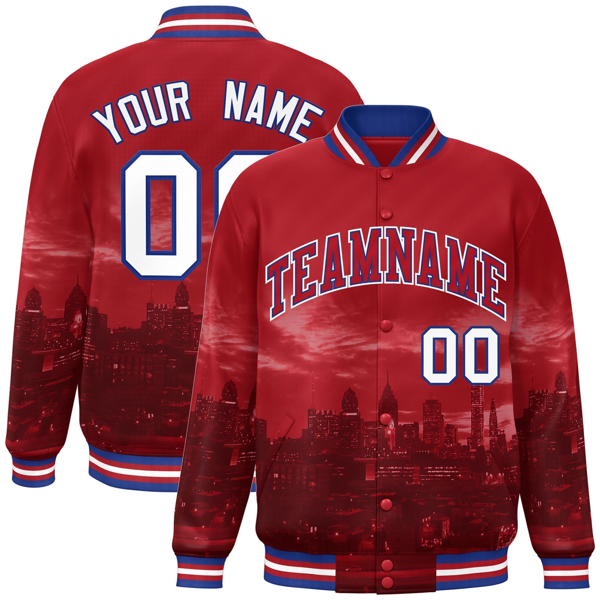 Custom Red Royal-White Philadelphia City Connect Track Varsity Full-Snap Jacket