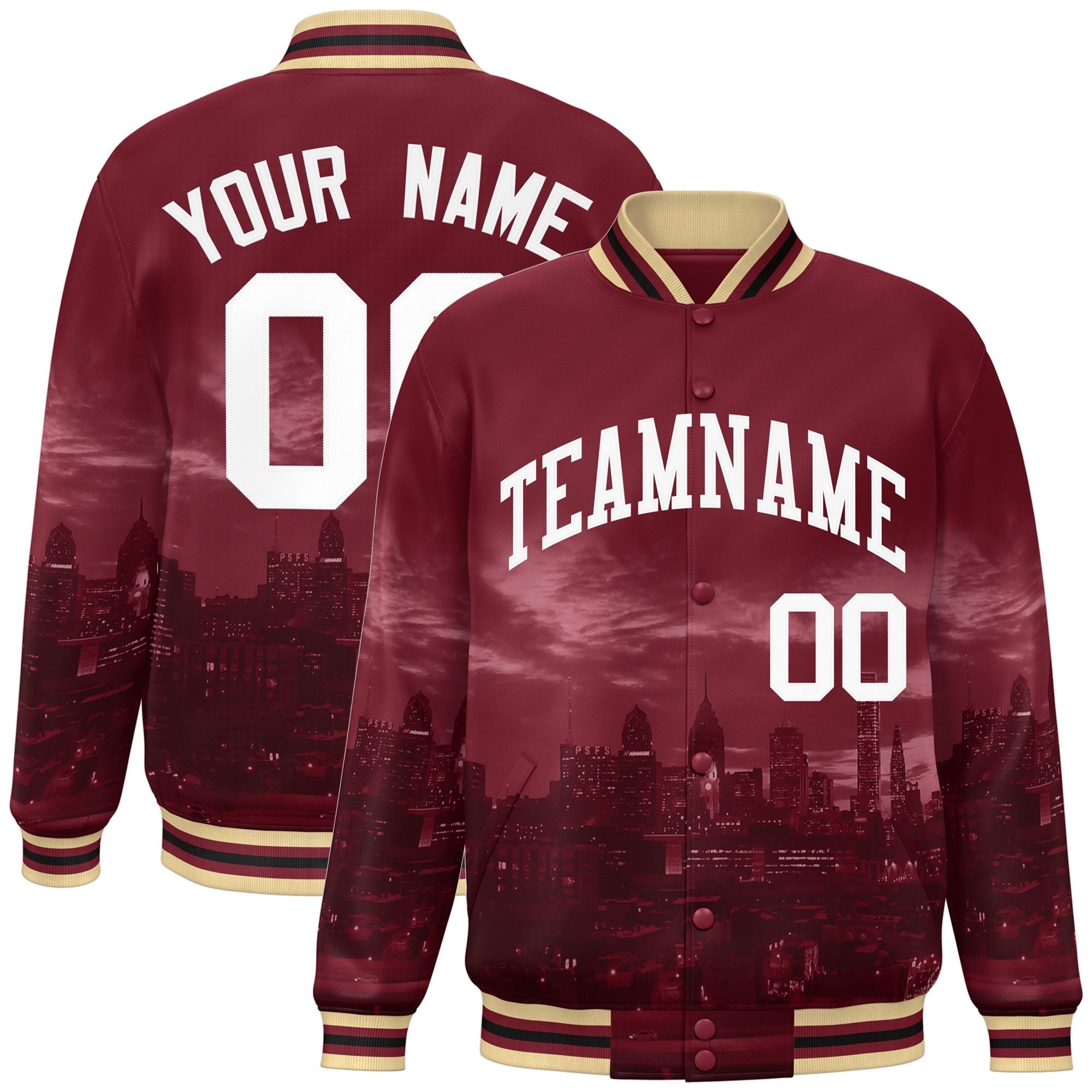 Custom Crimson White Philadelphia City Connect Track Varsity Full-Snap Jacket