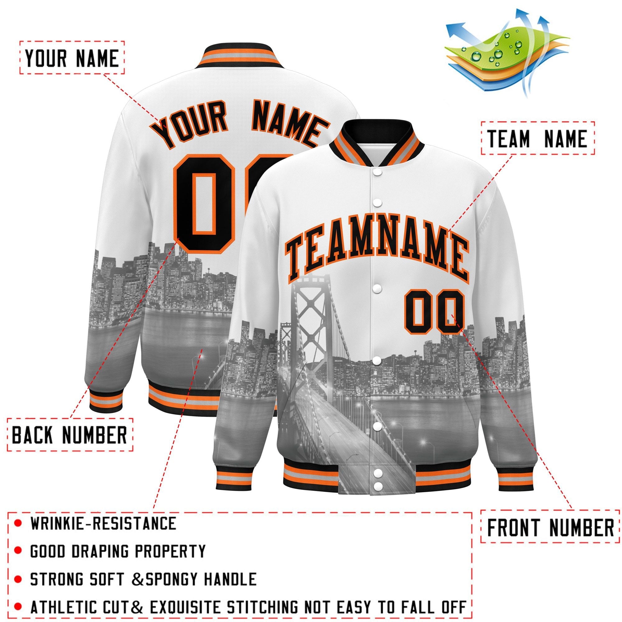 Custom White Black-Orange San Francisco City Connect Track Varsity Full-Snap Jacket