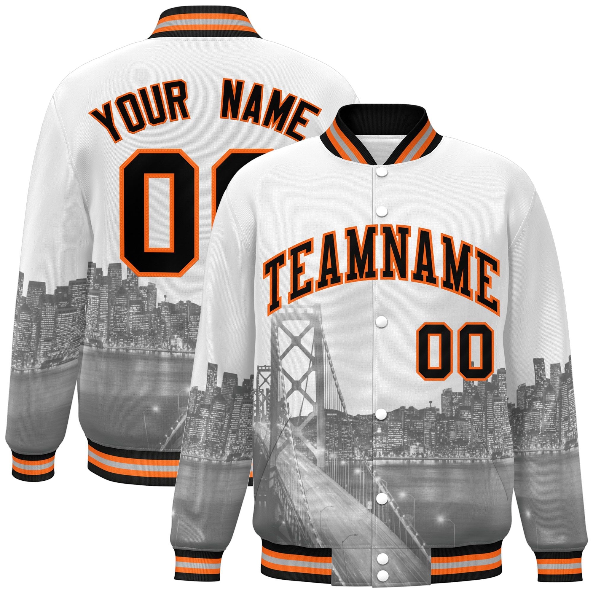 Custom White Black-Orange San Francisco City Connect Track Varsity Full-Snap Jacket