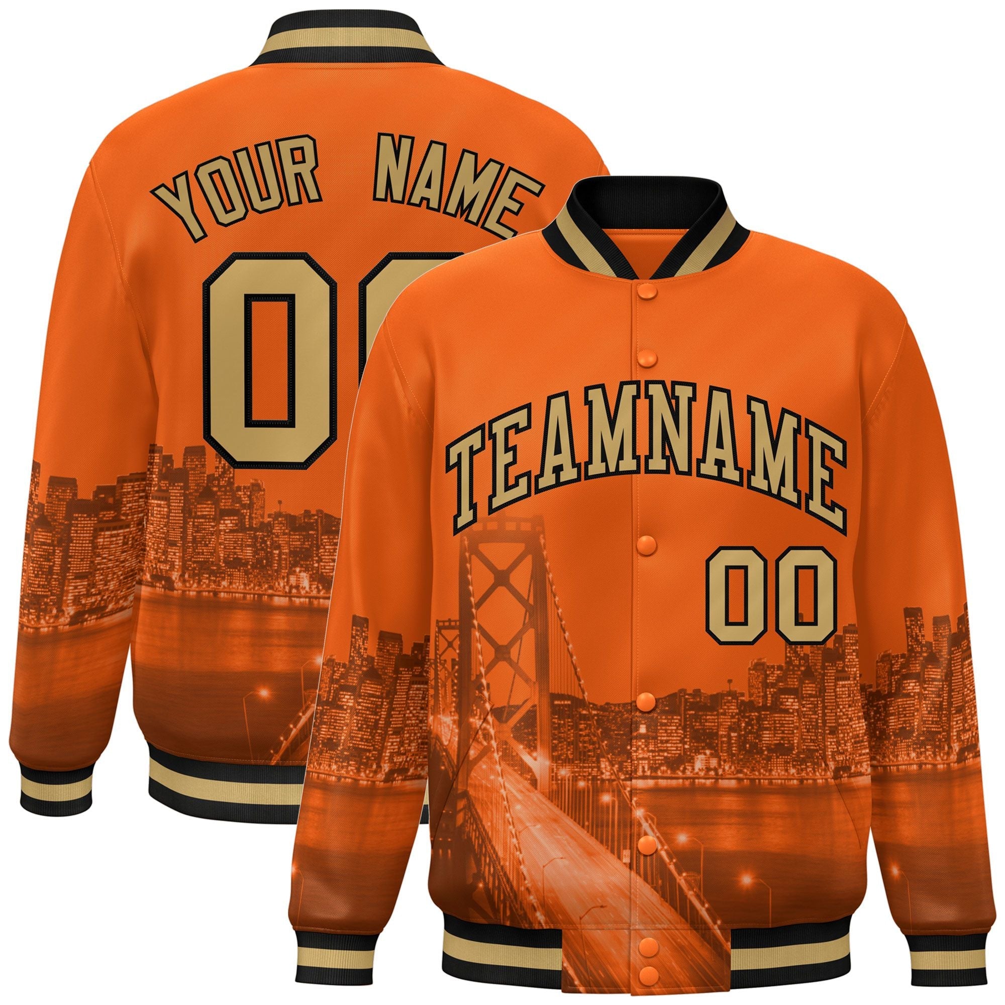 Custom Orange Old Gold-Black San Francisco City Connect Track Varsity Full-Snap Jacket