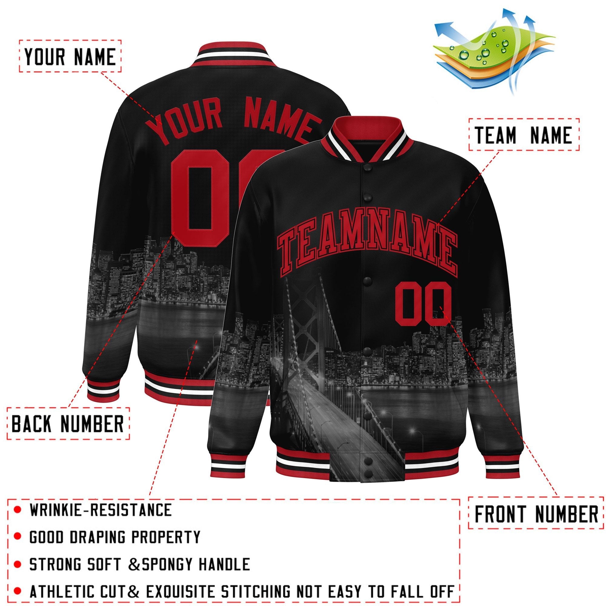 Custom Black Red San Francisco City Connect Track Varsity Full-Snap Jacket