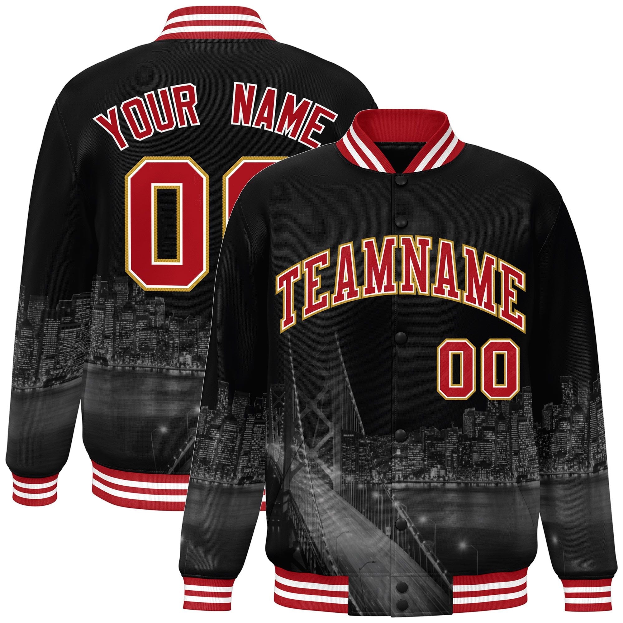 Custom Black Red-White San Francisco City Connect Track Varsity Full-Snap Jacket