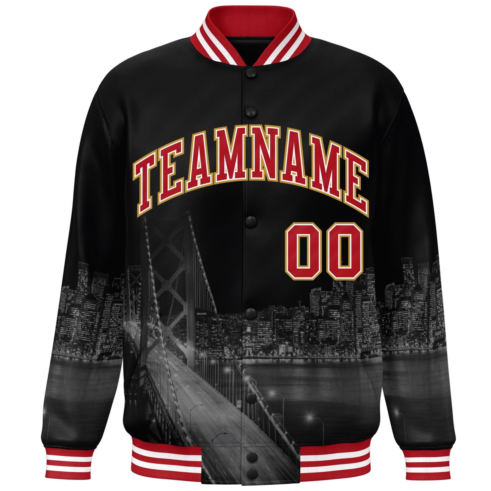 Custom Black Red-White San Francisco City Connect Track Varsity Full-Snap Jacket