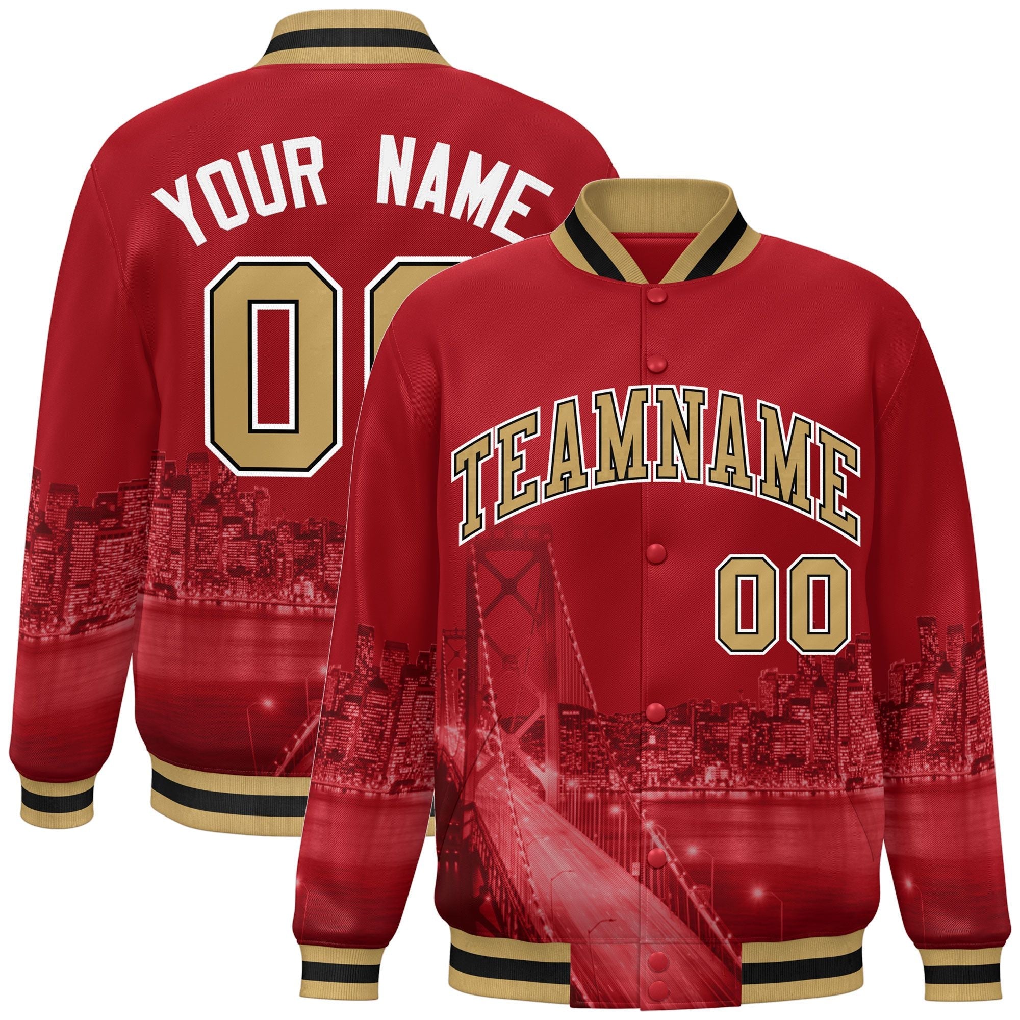 Custom Red Old Gold-White San Francisco City Connect Track Varsity Full-Snap Jacket