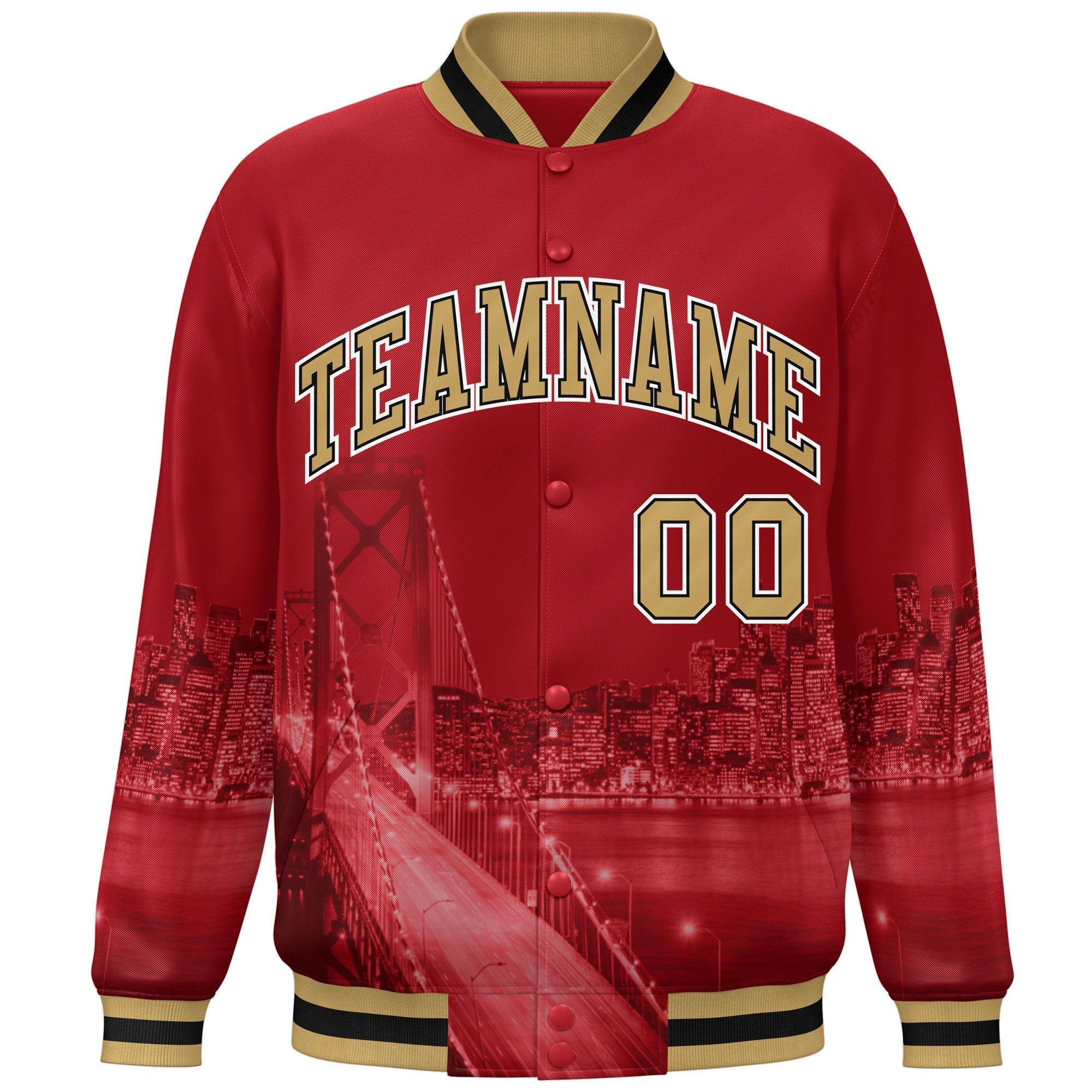 Custom Red Old Gold-White San Francisco City Connect Track Varsity Full-Snap Jacket