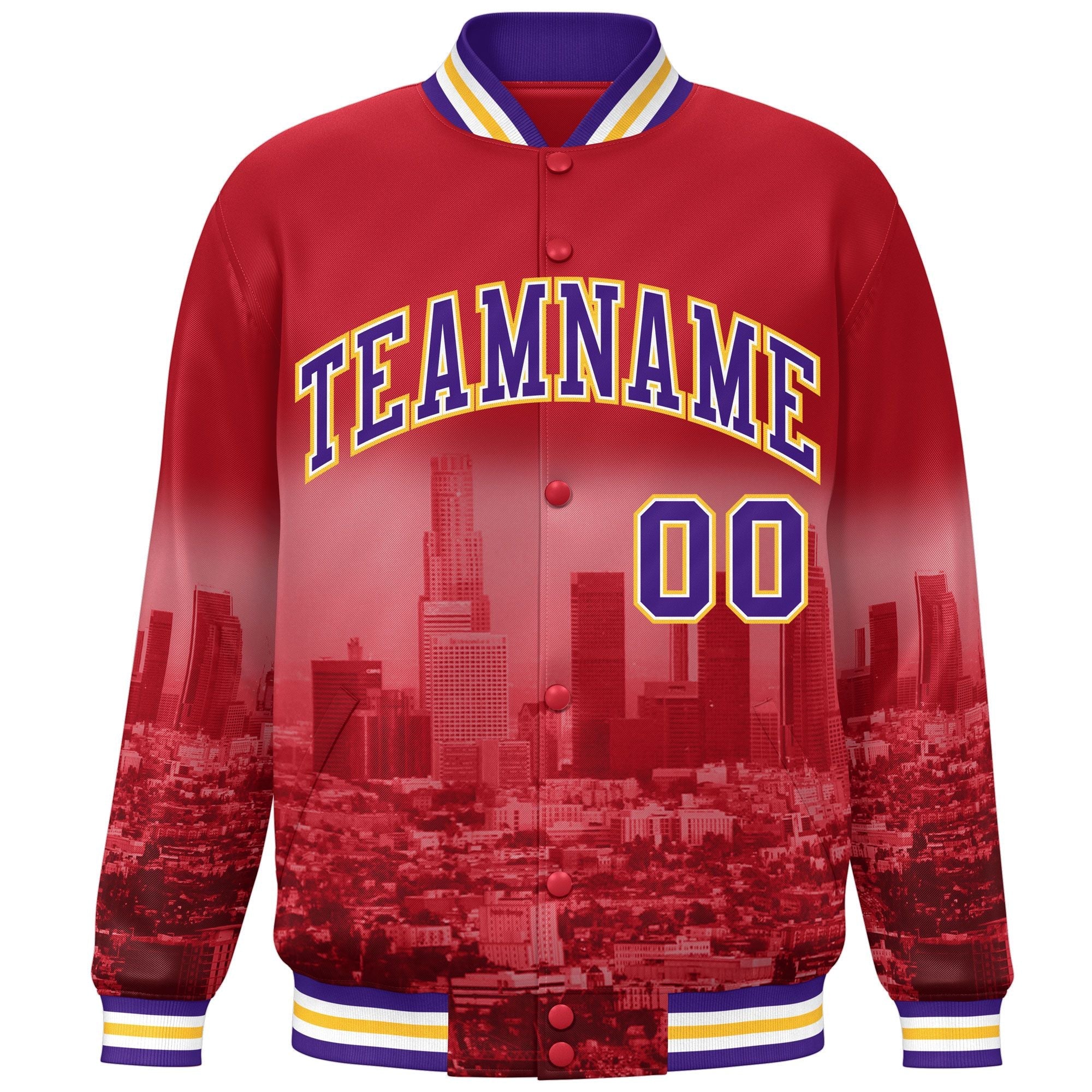 Custom Red Purple-Yellow Los Angeles City Connect Track Varsity Full-Snap Jacket