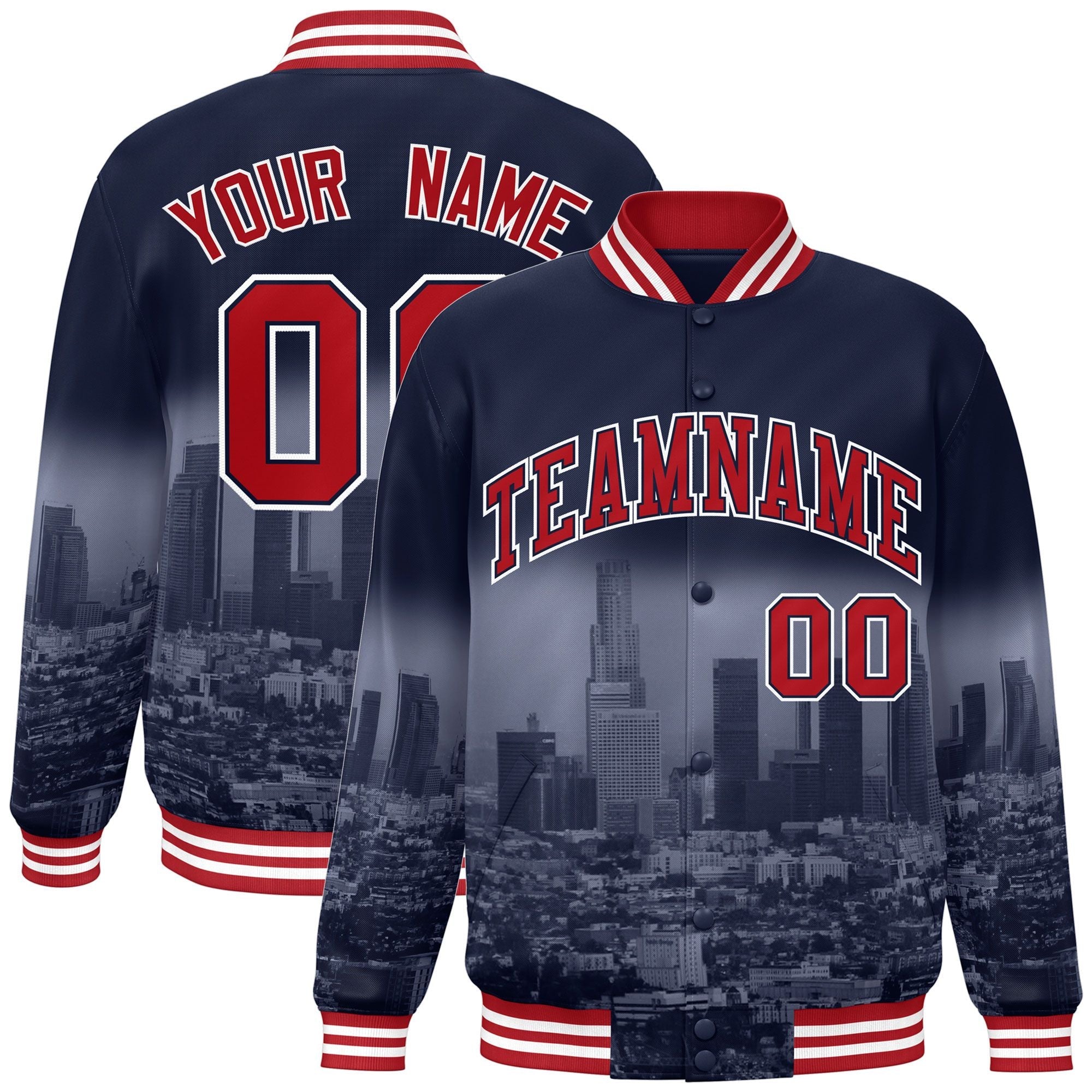 Custom Navy Red-White Los Angeles City Connect Track Varsity Full-Snap Jacket