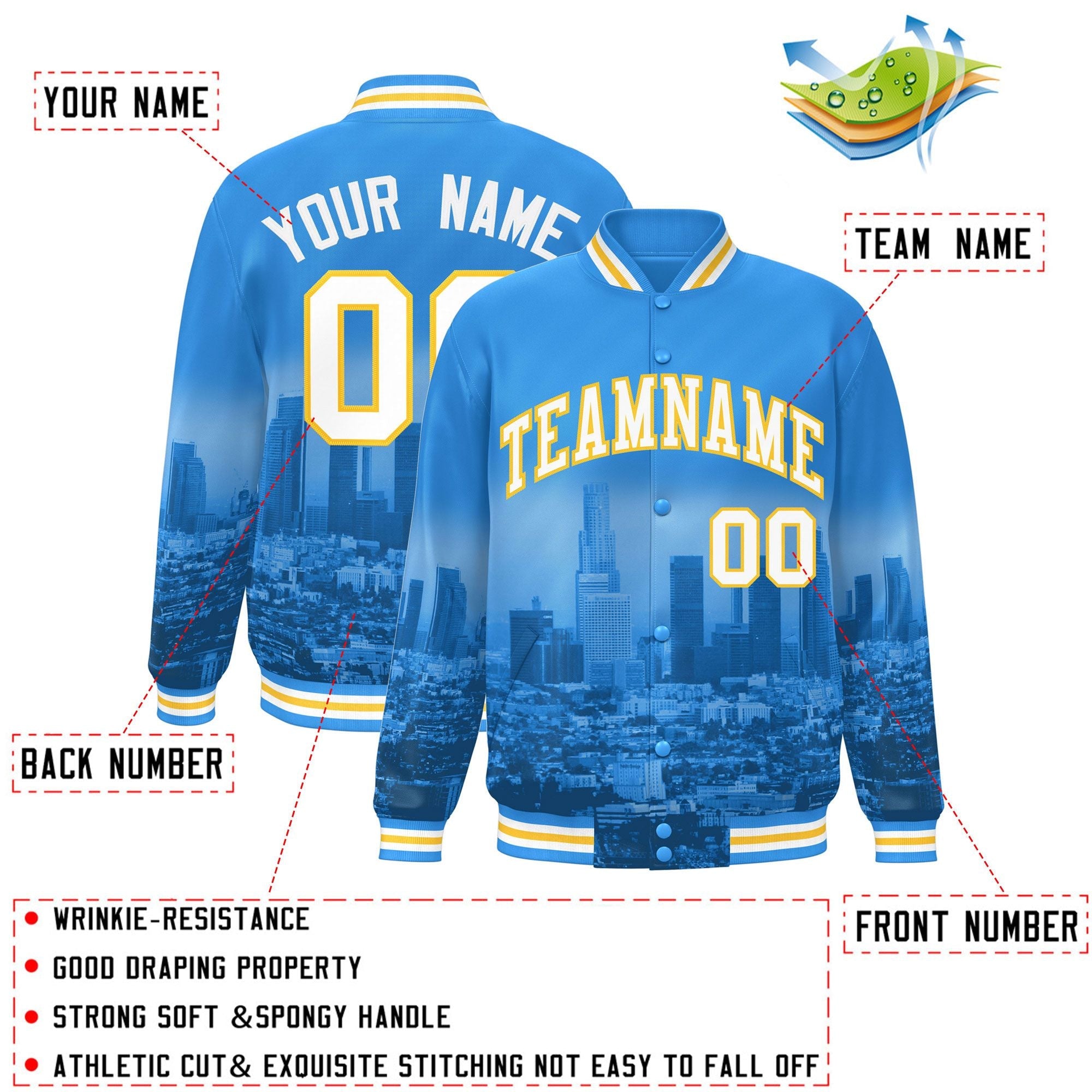 Custom Powder Blue White-Gold Los Angeles City Connect Track Varsity Full-Snap Jacket