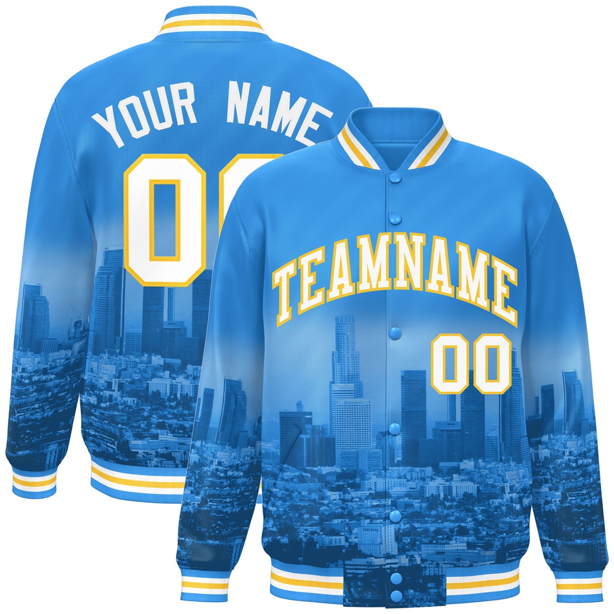 Custom Powder Blue White-Gold Los Angeles City Connect Track Varsity Full-Snap Jacket