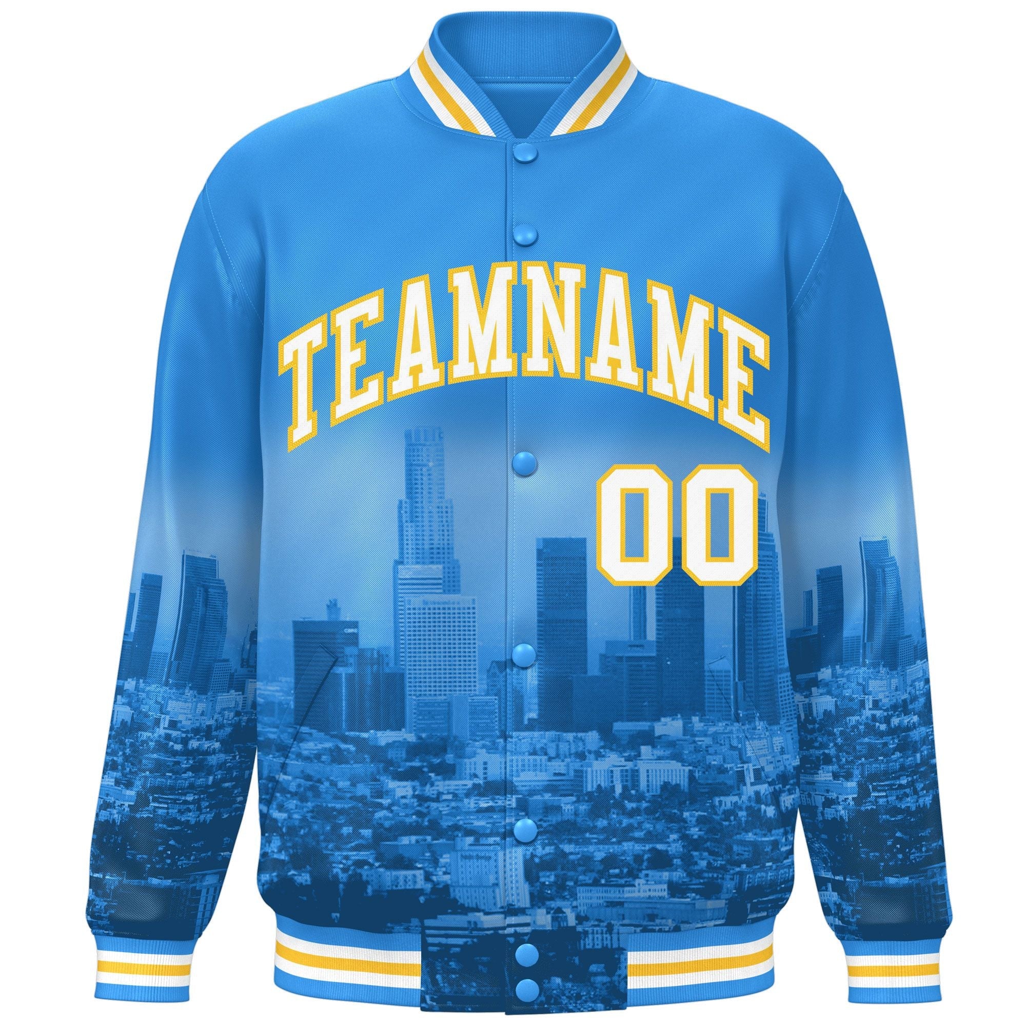 Custom Powder Blue White-Gold Los Angeles City Connect Track Varsity Full-Snap Jacket